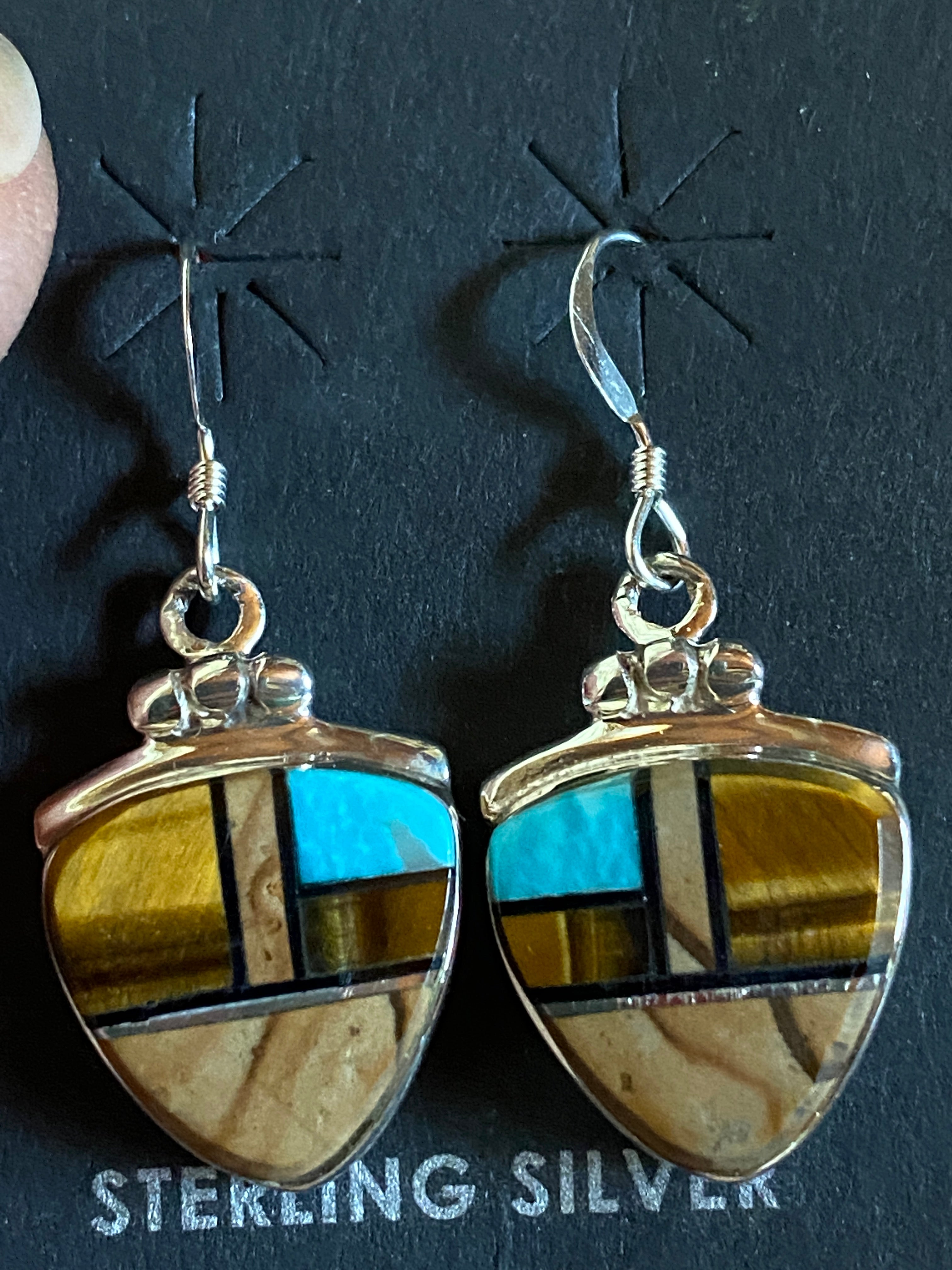 Navajo Turquoise, Onyx, Petrified Wood & Sterling Silver Dangle Earrings