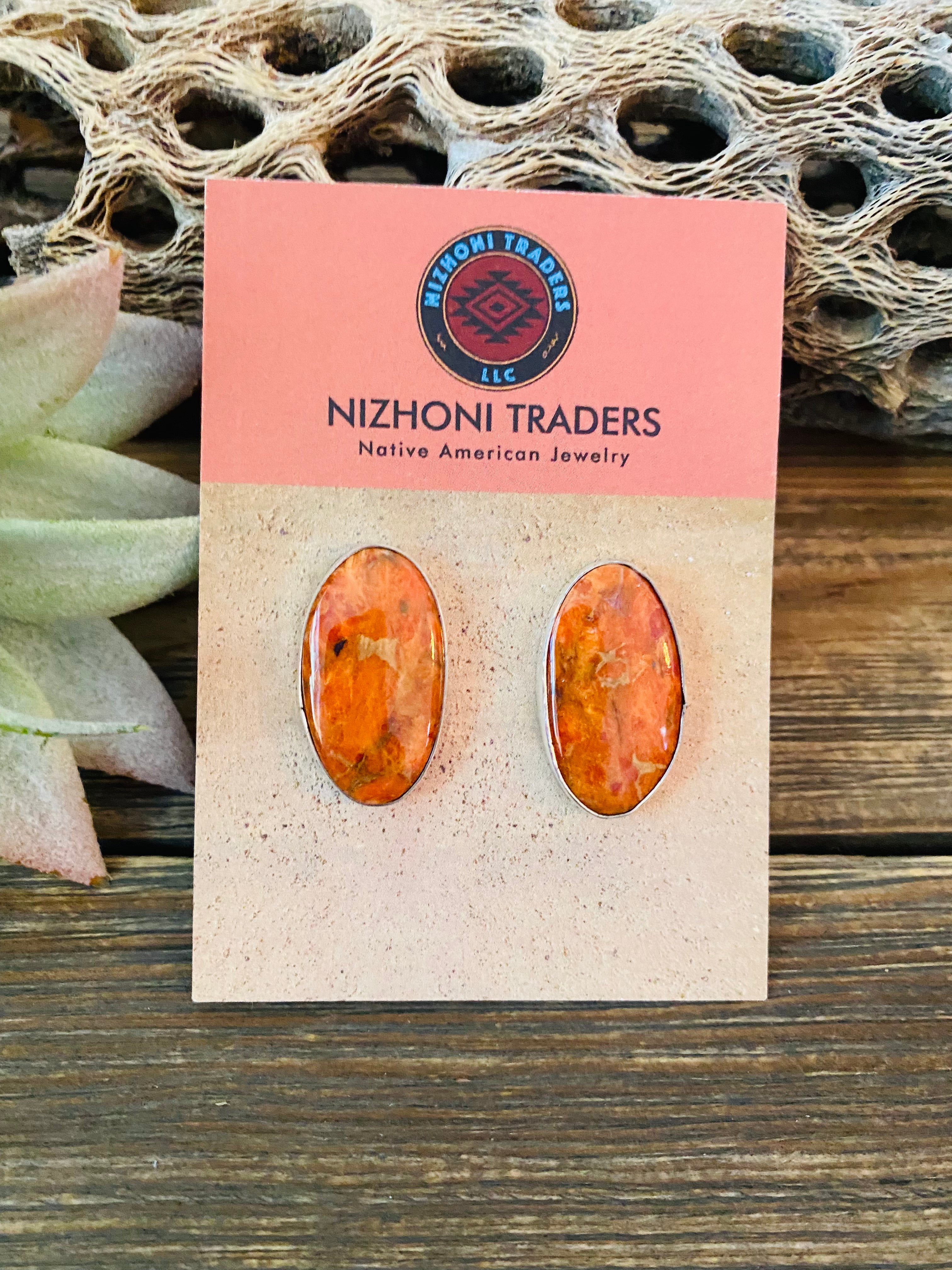 Navajo Sterling Silver & Orange Spiny Post Earrings 1.1/8”