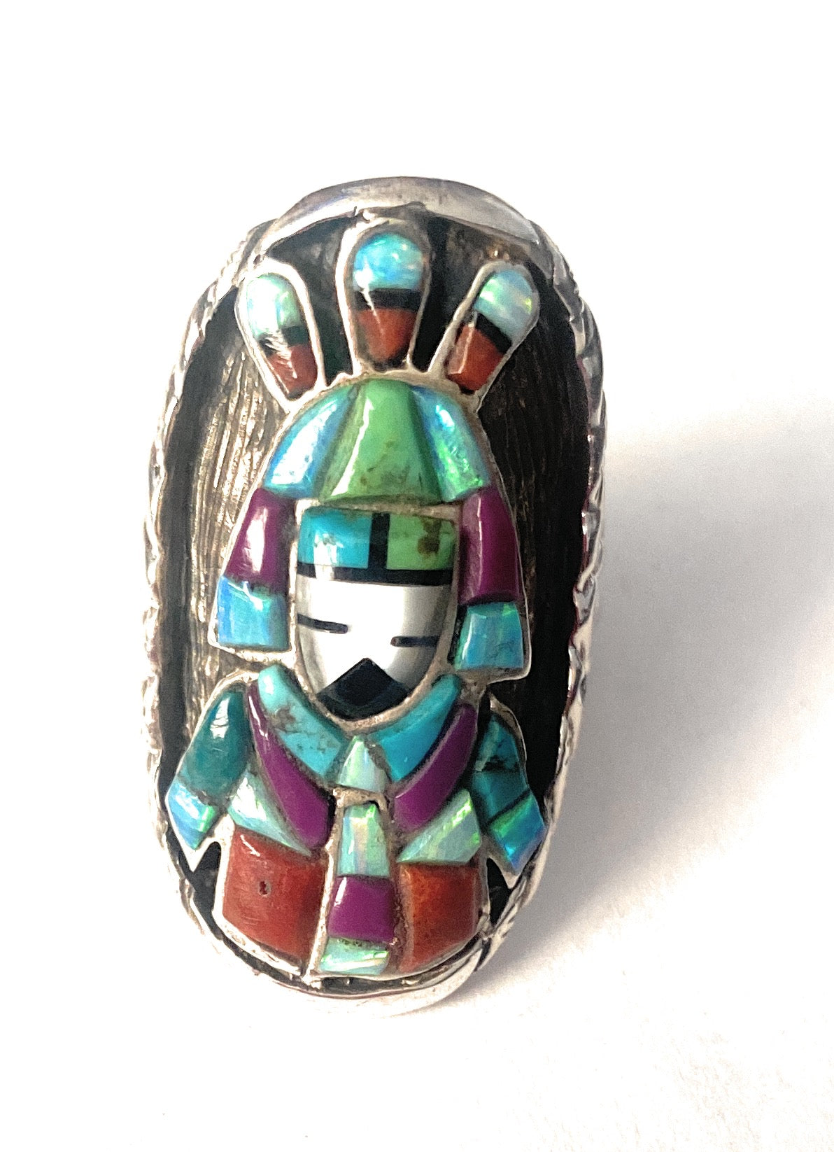 Handmade Sterling Silver & Multi Stone Inlay Kachina Ring Size 7