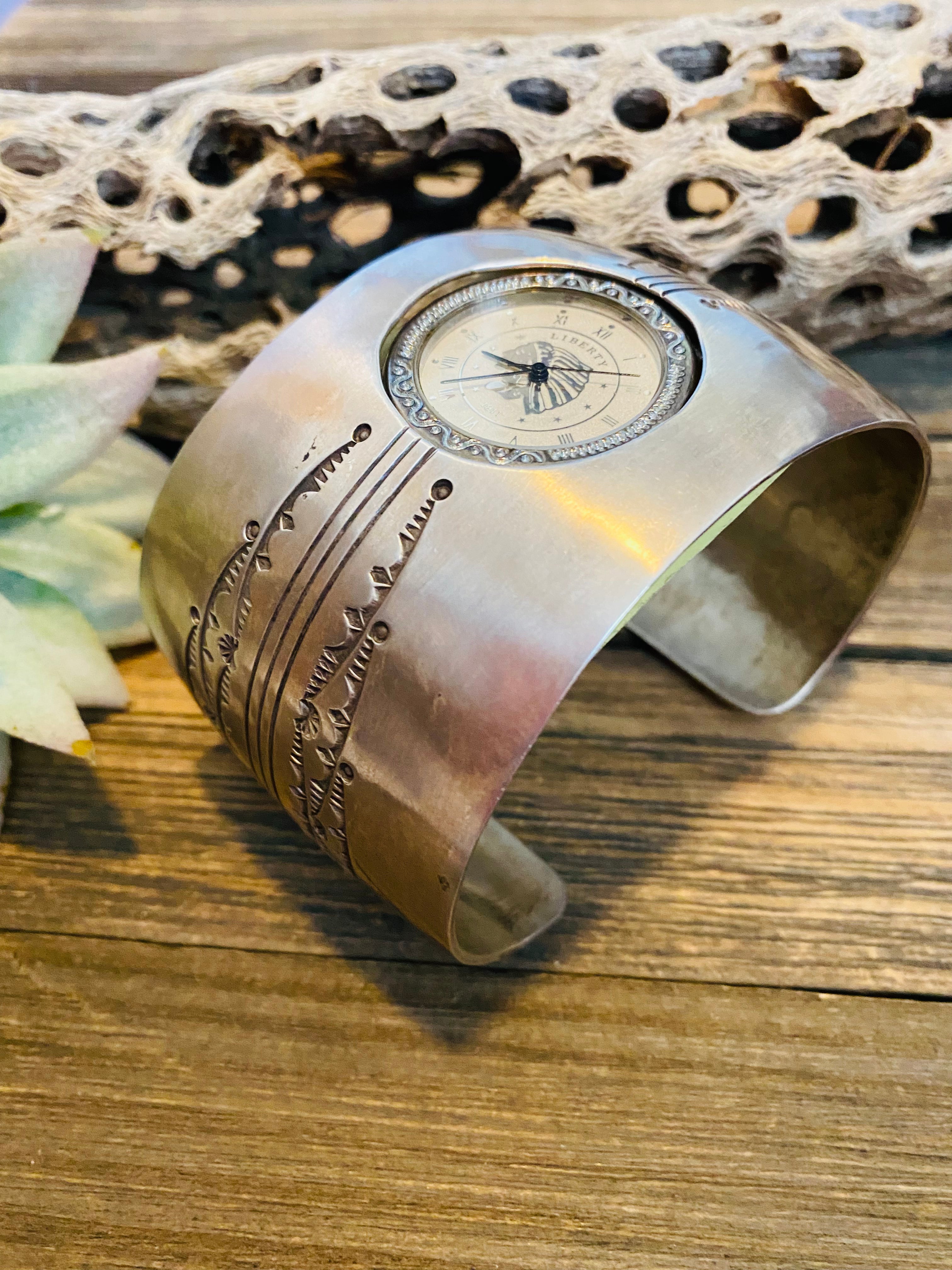 Old Pawn Vintage Navajo Hand Stamped Sterling Silver Watch Cuff