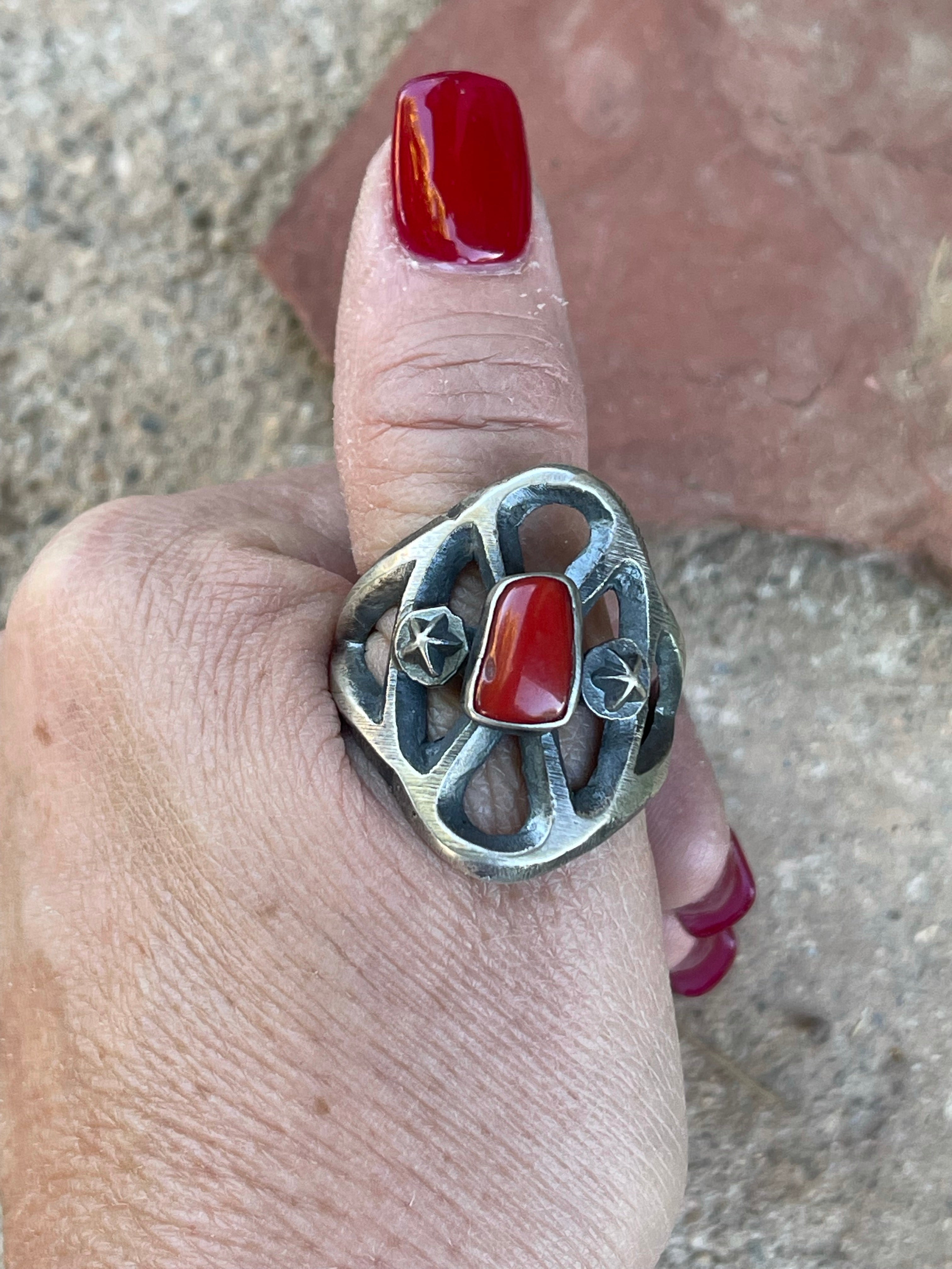 Vintage Navajo Sterling Silver Red Coral Ring Sz 13.5