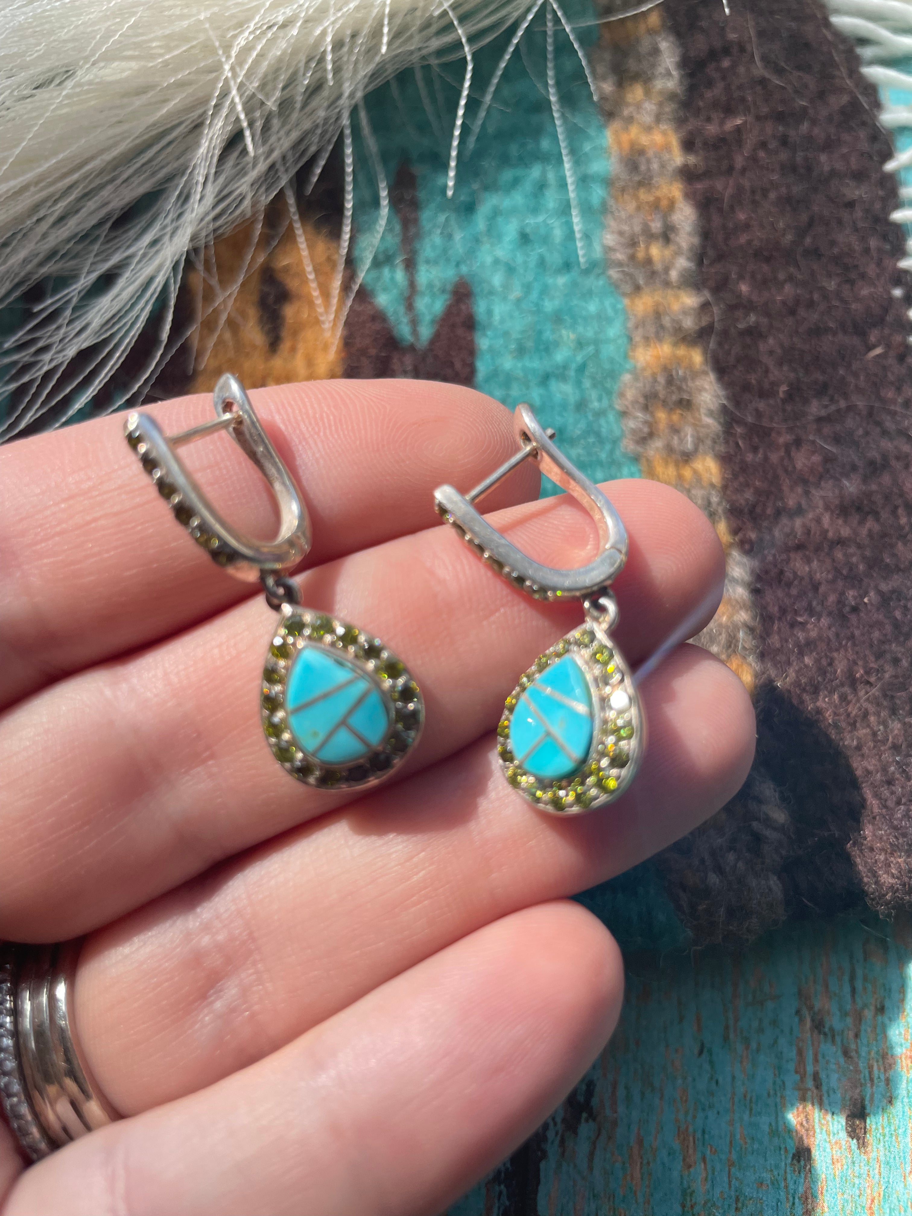 Navajo Turquoise Inlay, Peridot & Sterling Silver Dangle Earrings