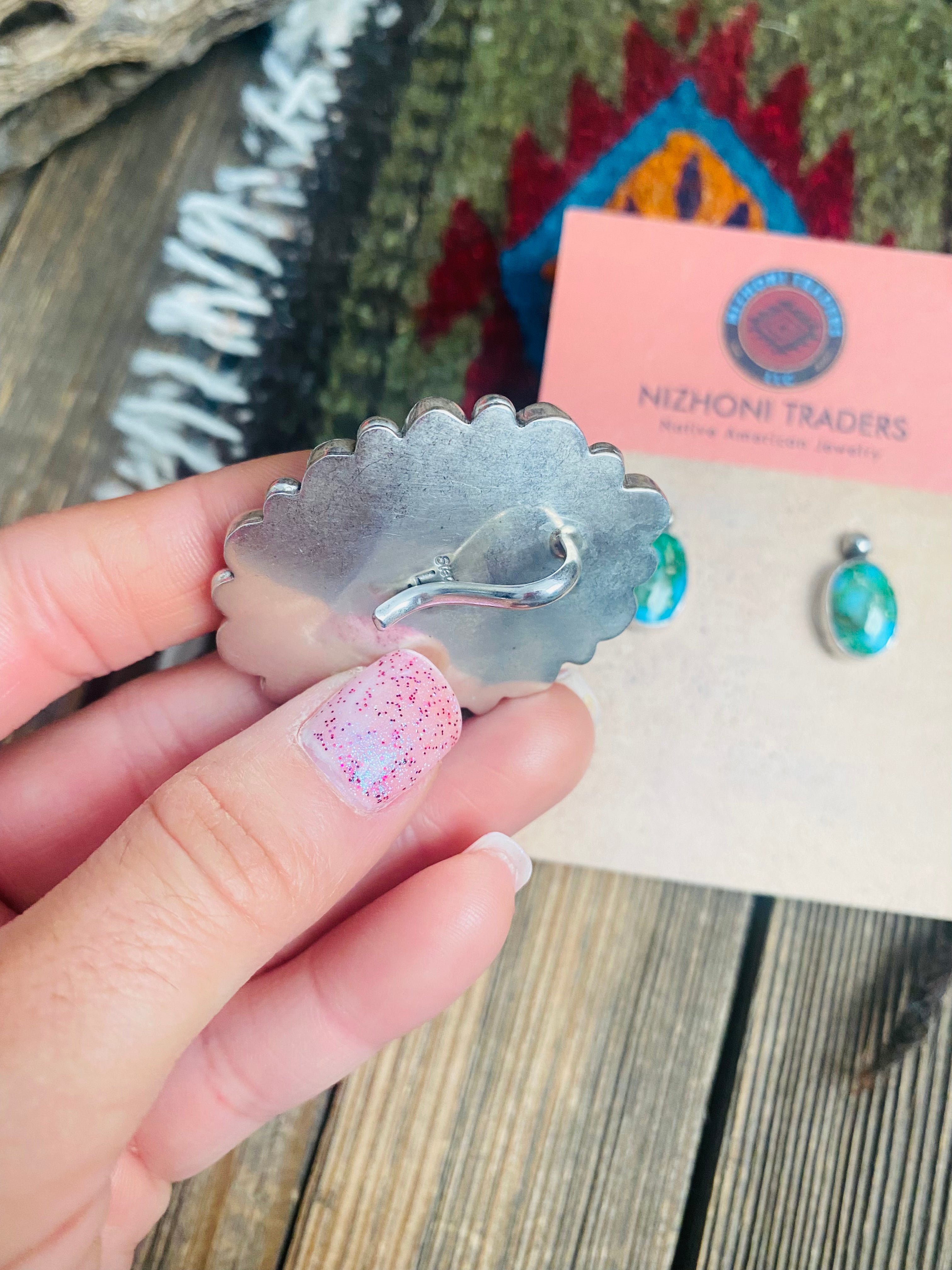 Navajo Sonoran Mountain Turquoise & Sterling Silver Cluster Earrings & Pendant Set