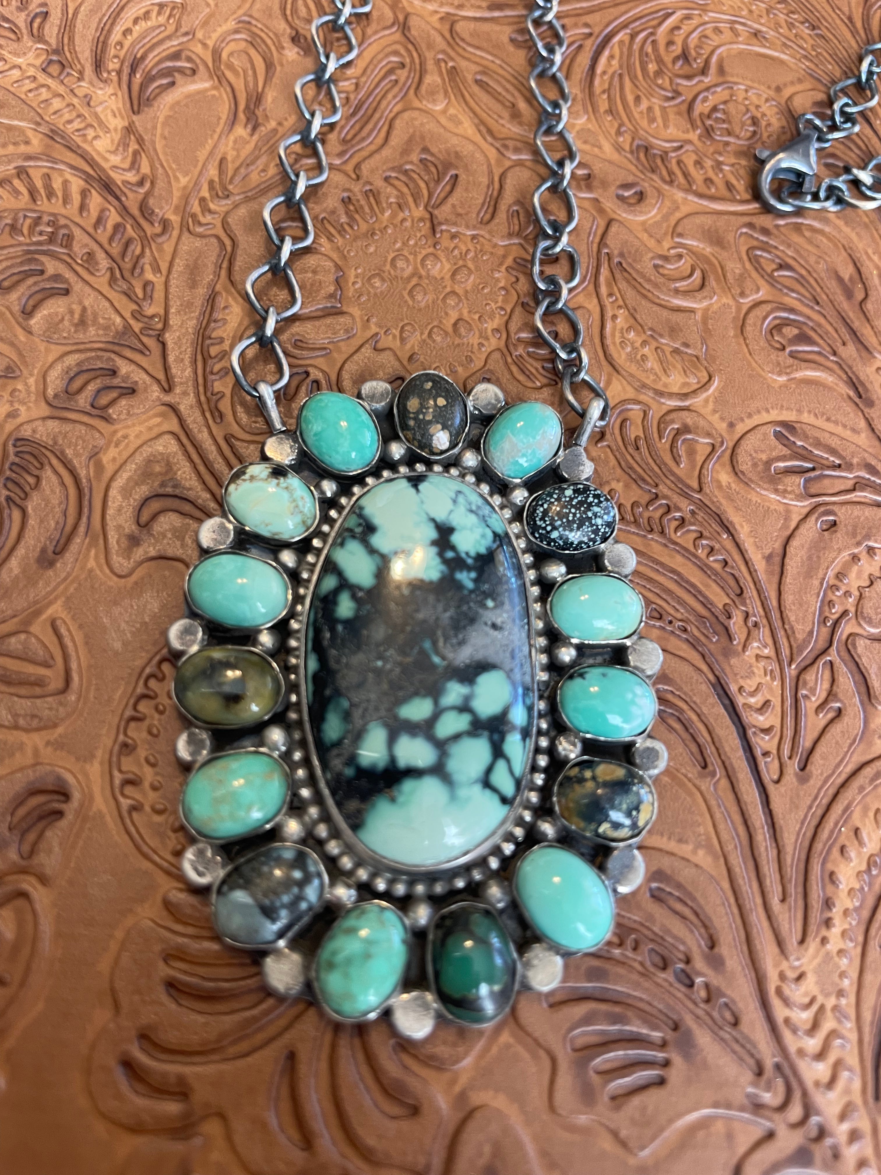 Navajo Royston & Calico Turquoise & Sterling Silver Cluster Necklace Signed & Stamped