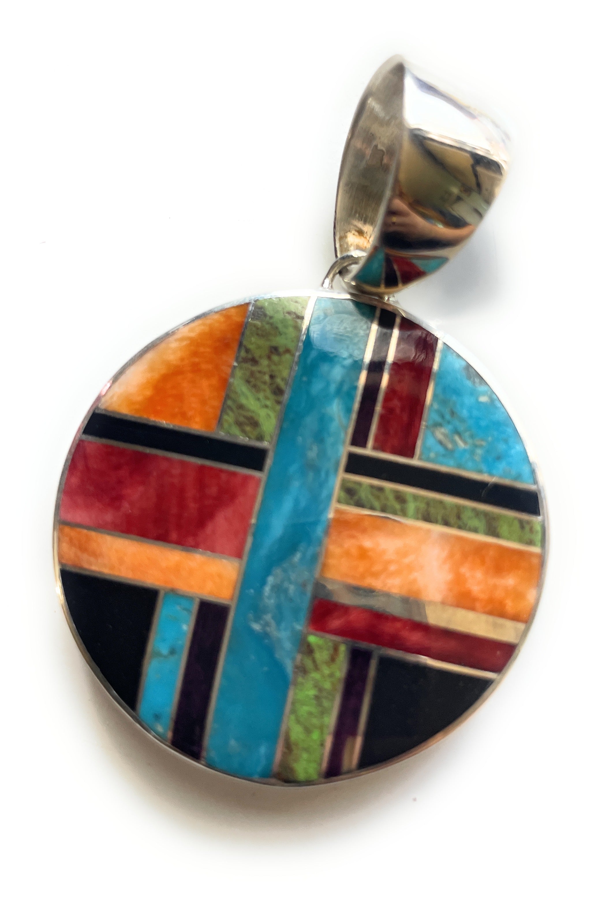 Navajo Multi Stone Inlay & Sterling Silver Circle Pendant