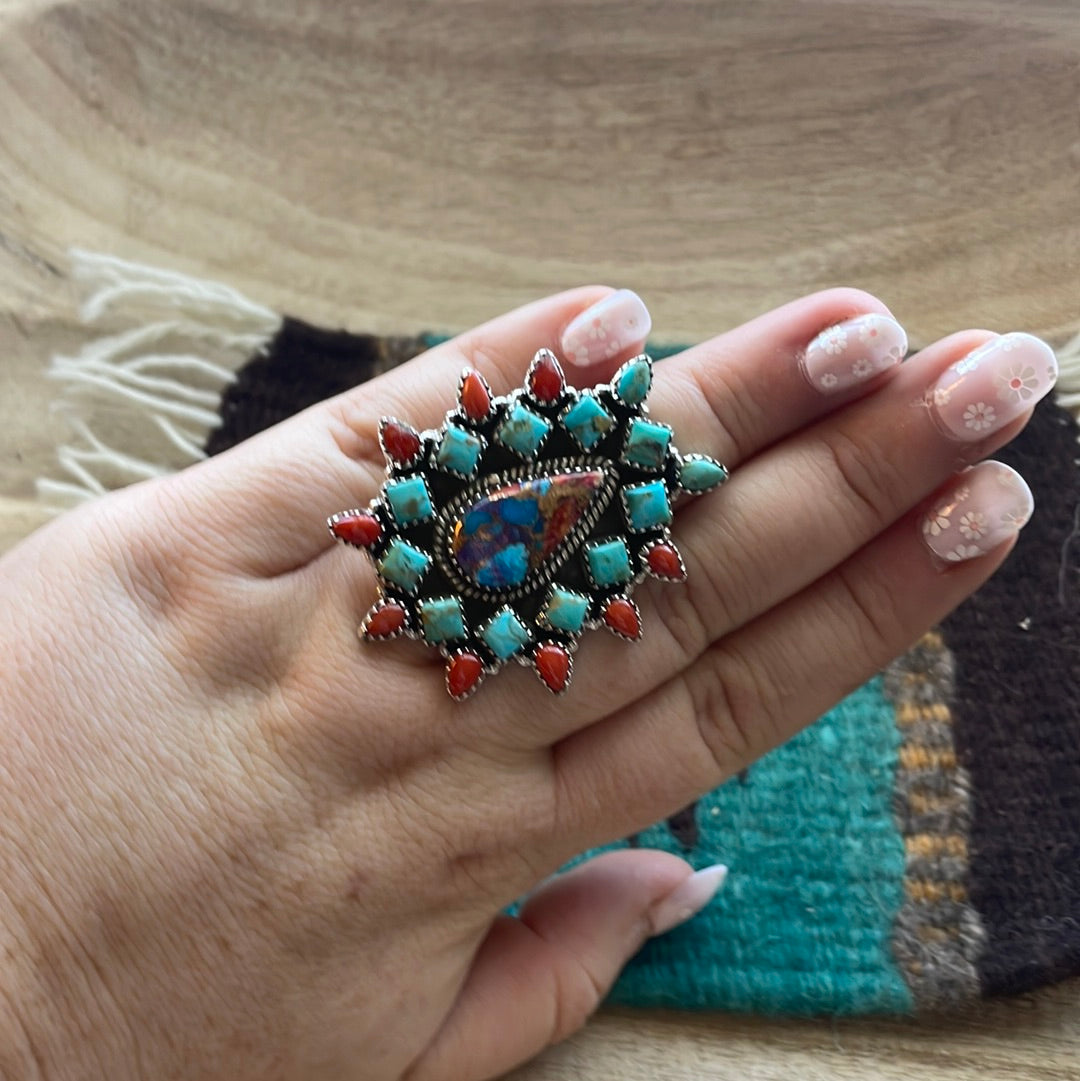 Handmade Sterling Silver Pink Dream, Natural Coral & Turquoise Cluster Adjustable Ring Signed Nizhoni