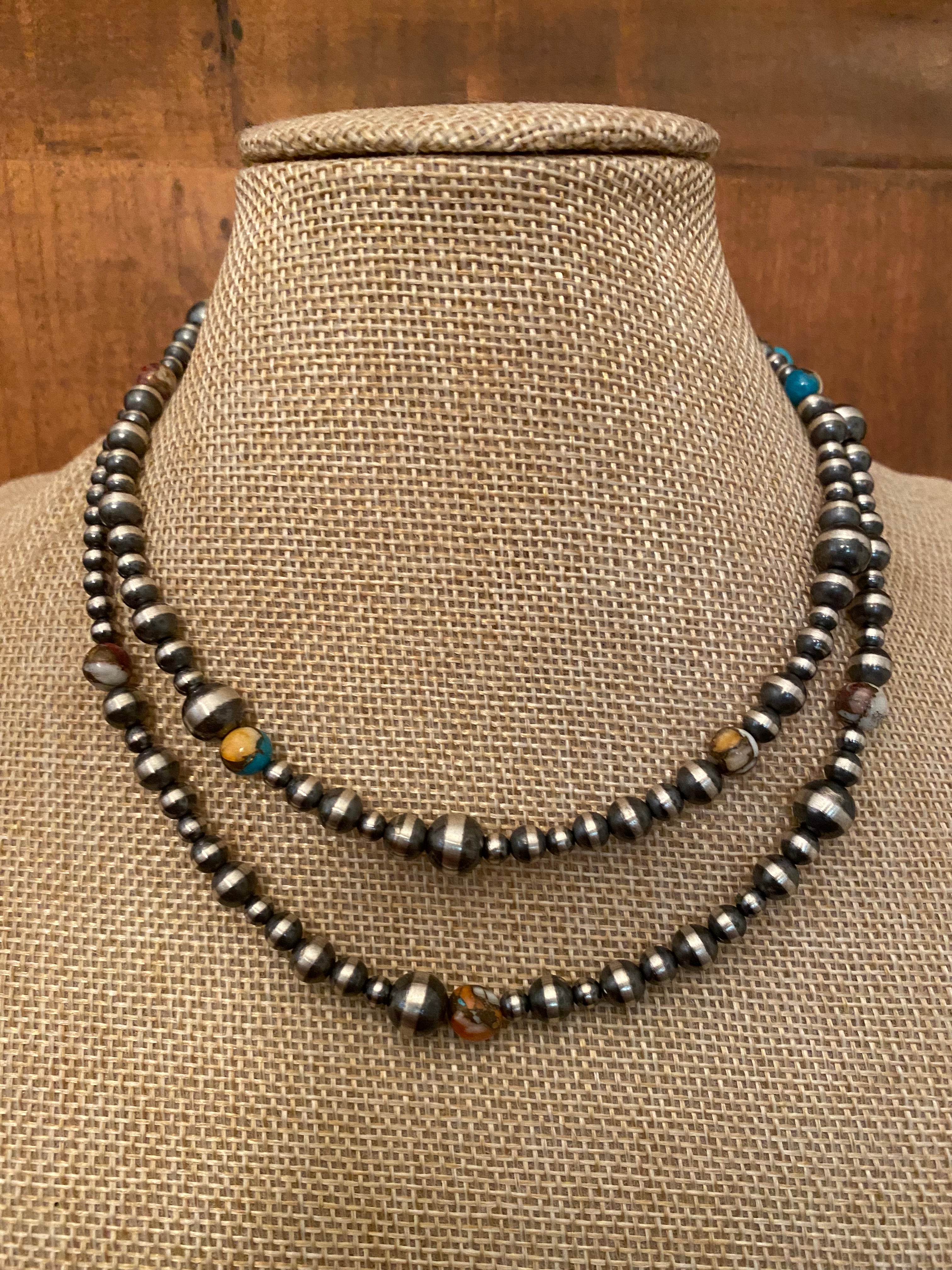 Navajo Turquoise & Spiny Spice Sterling Silver Beaded Necklace 30 inch