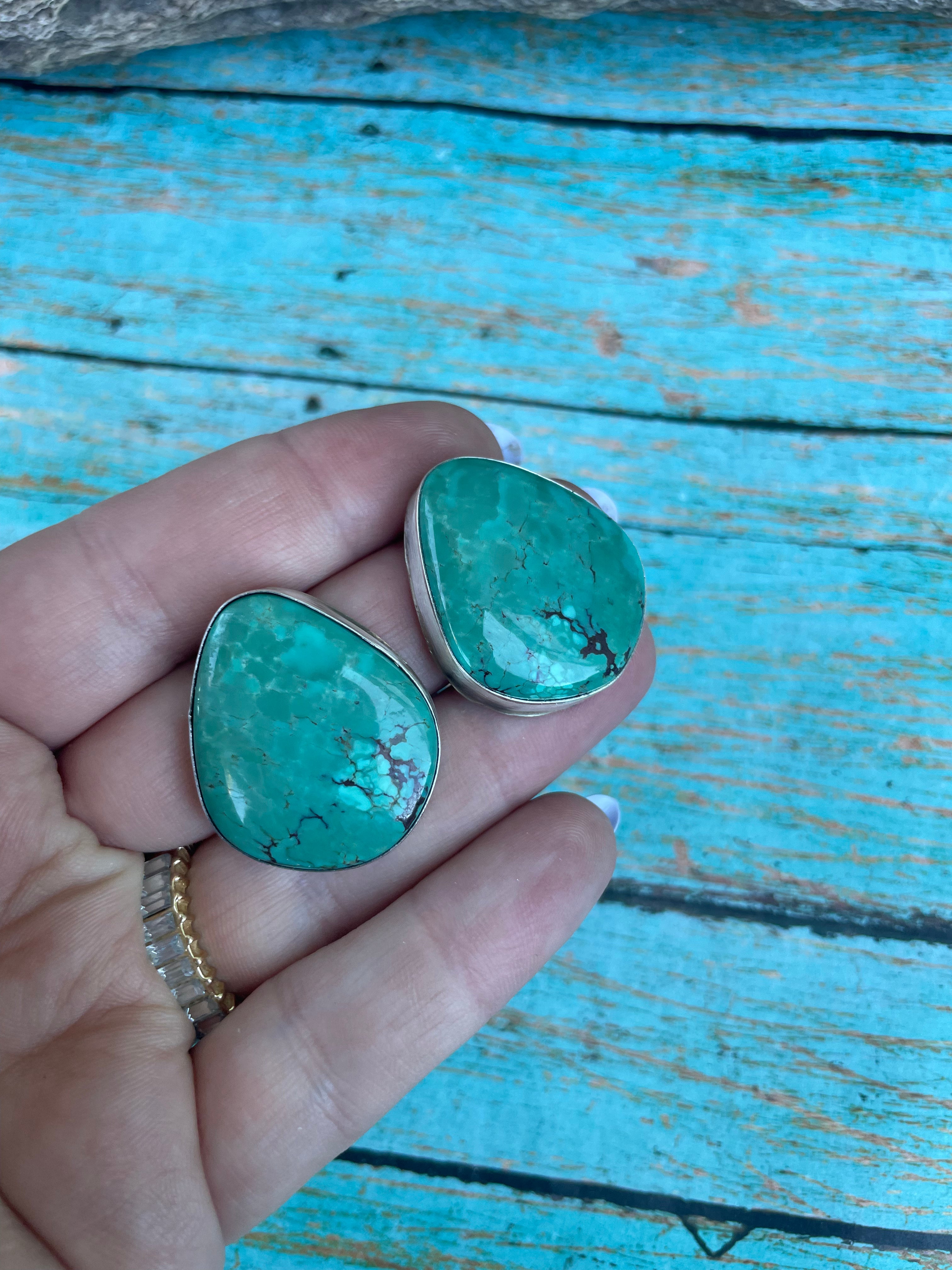 Navajo Sterling Silver & Turquoise Post Earrings Signed P Skeets