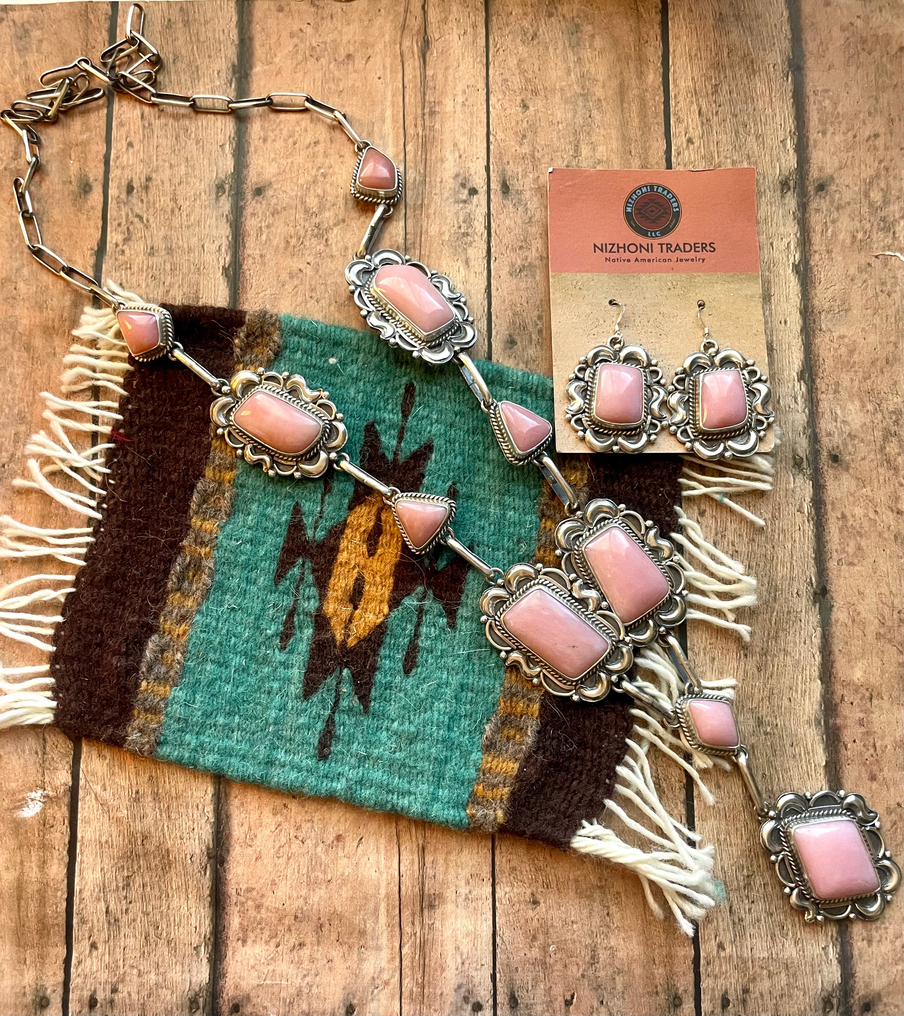 Navajo Pink Conch And Sterling Silver Necklace Earrings Set Signed Phyllis Smith