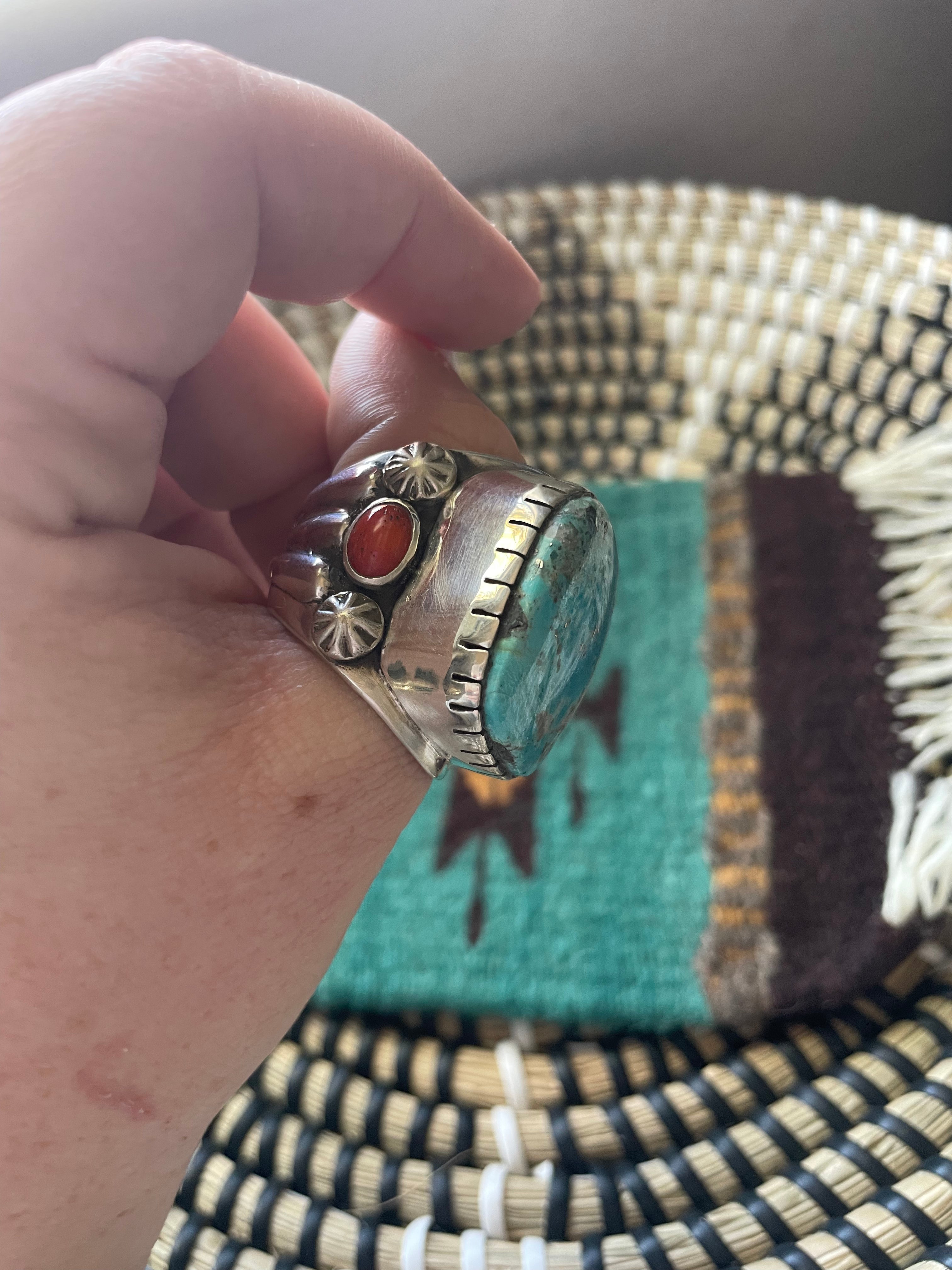 Navajo Turquoise, Coral & Sterling Silver Ring Size 12