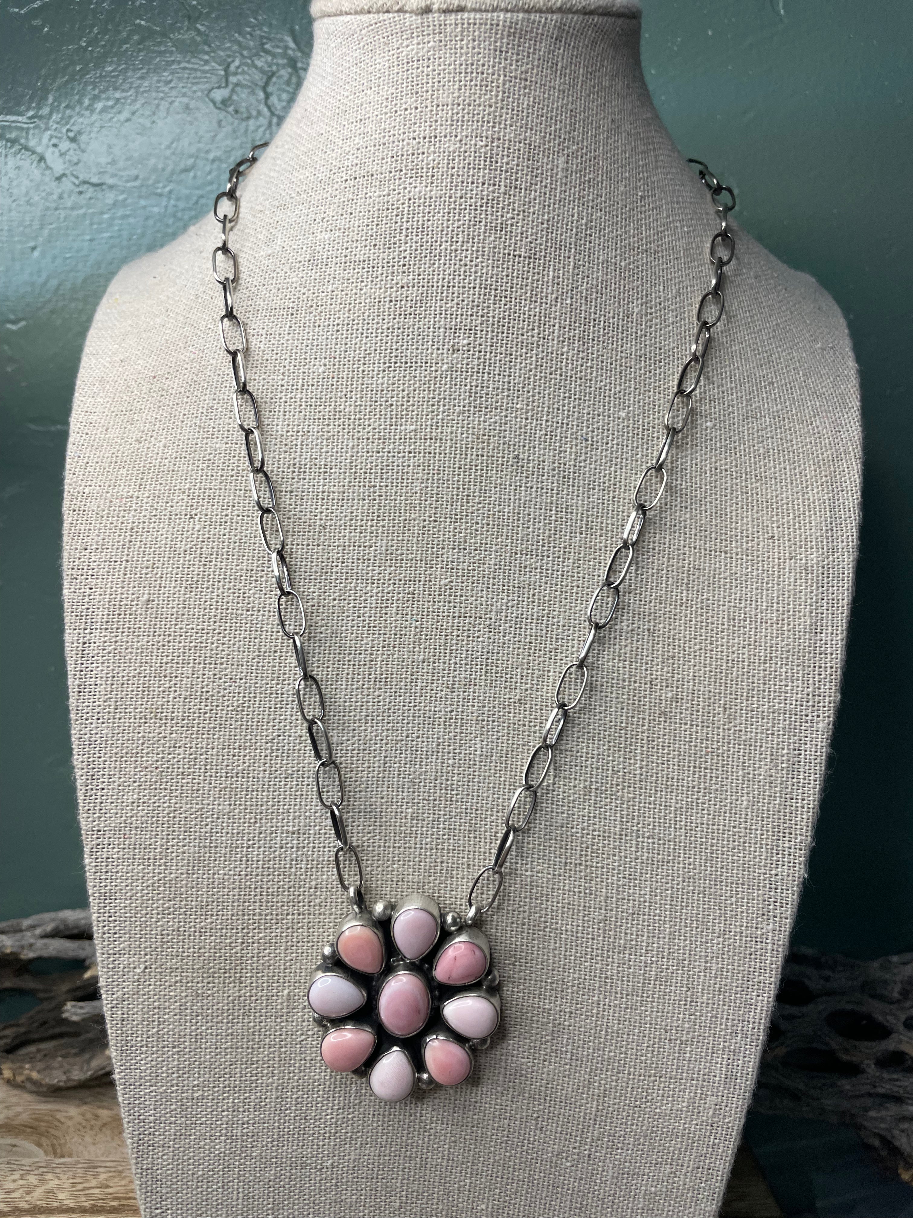 Handcrafted Queen Pink Conch Shell And Sterling Silver Necklace Signed