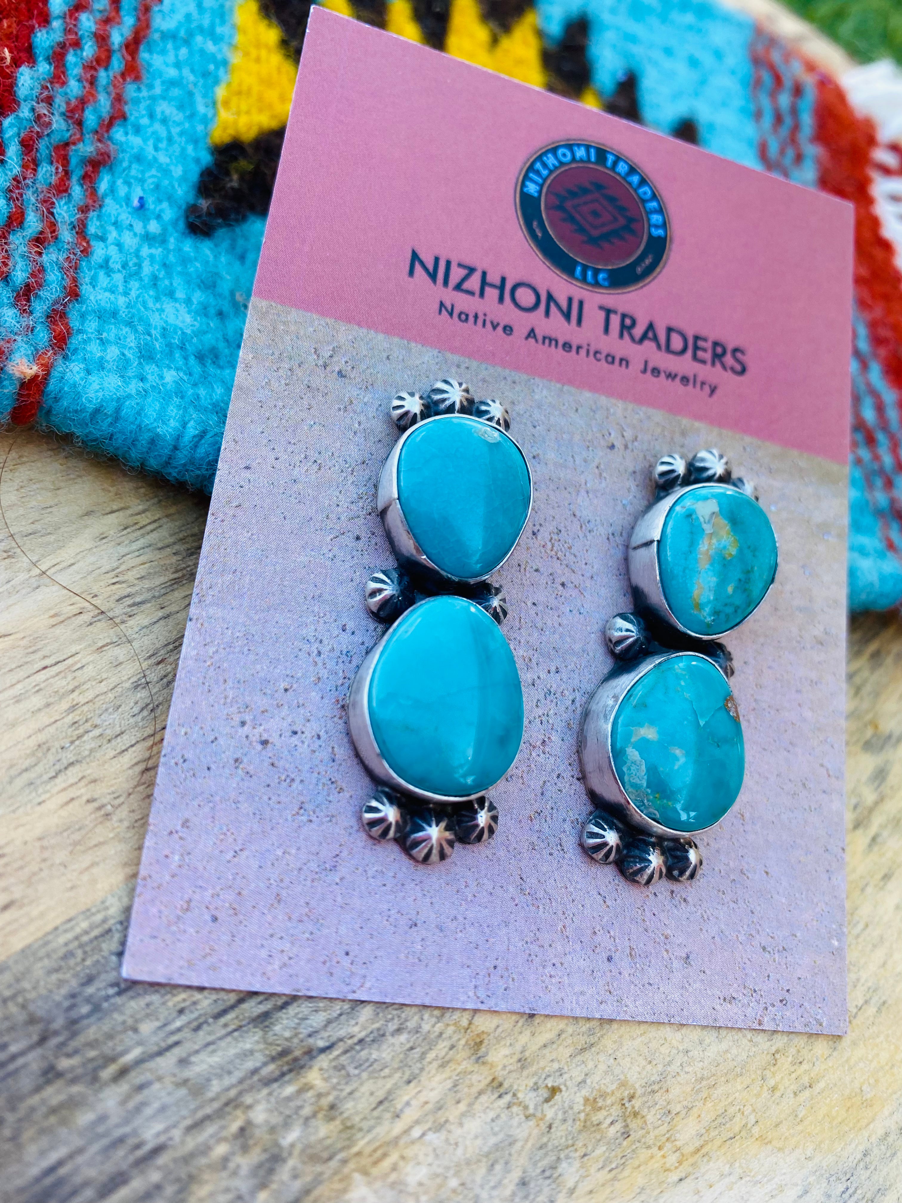 Navajo Sterling Silver & Royston Turquoise Post Earrings Signed