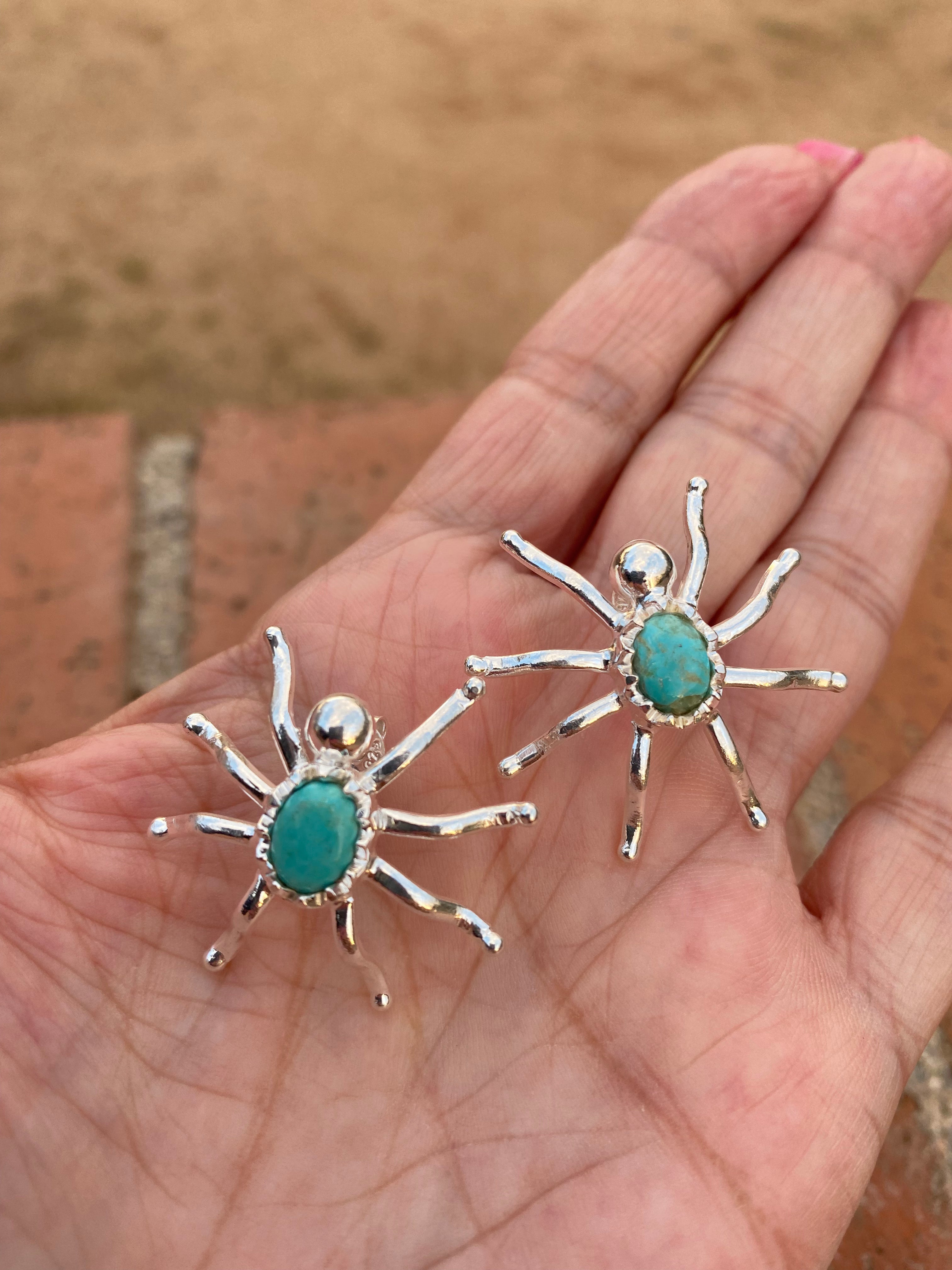 Natural Kingman Turquoise & Sterling Silver Spider Stud Earrings