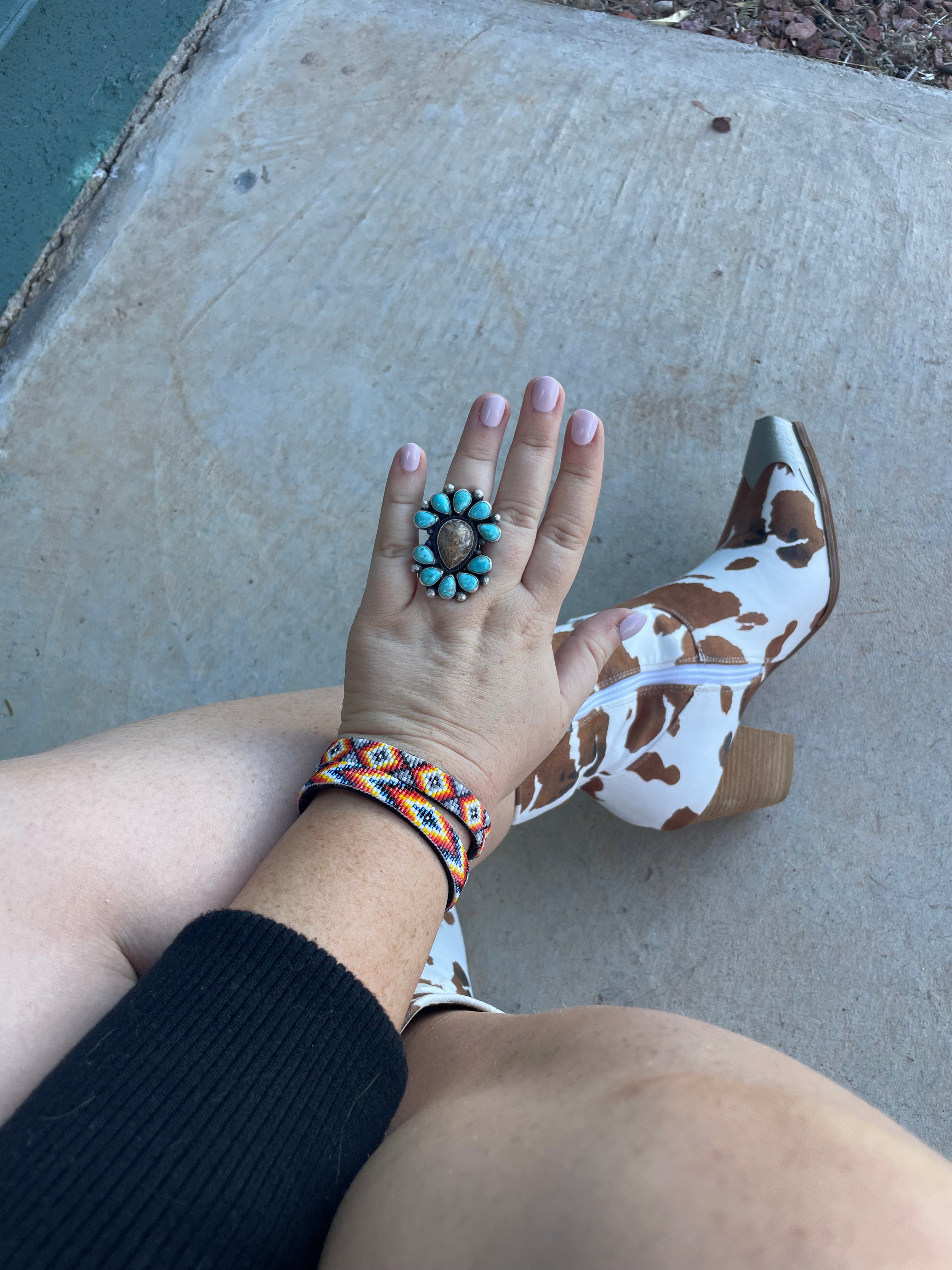 Navajo Sterling Silver, Tibetan Turquoise & Turquoise Cluster Adjustable Ring