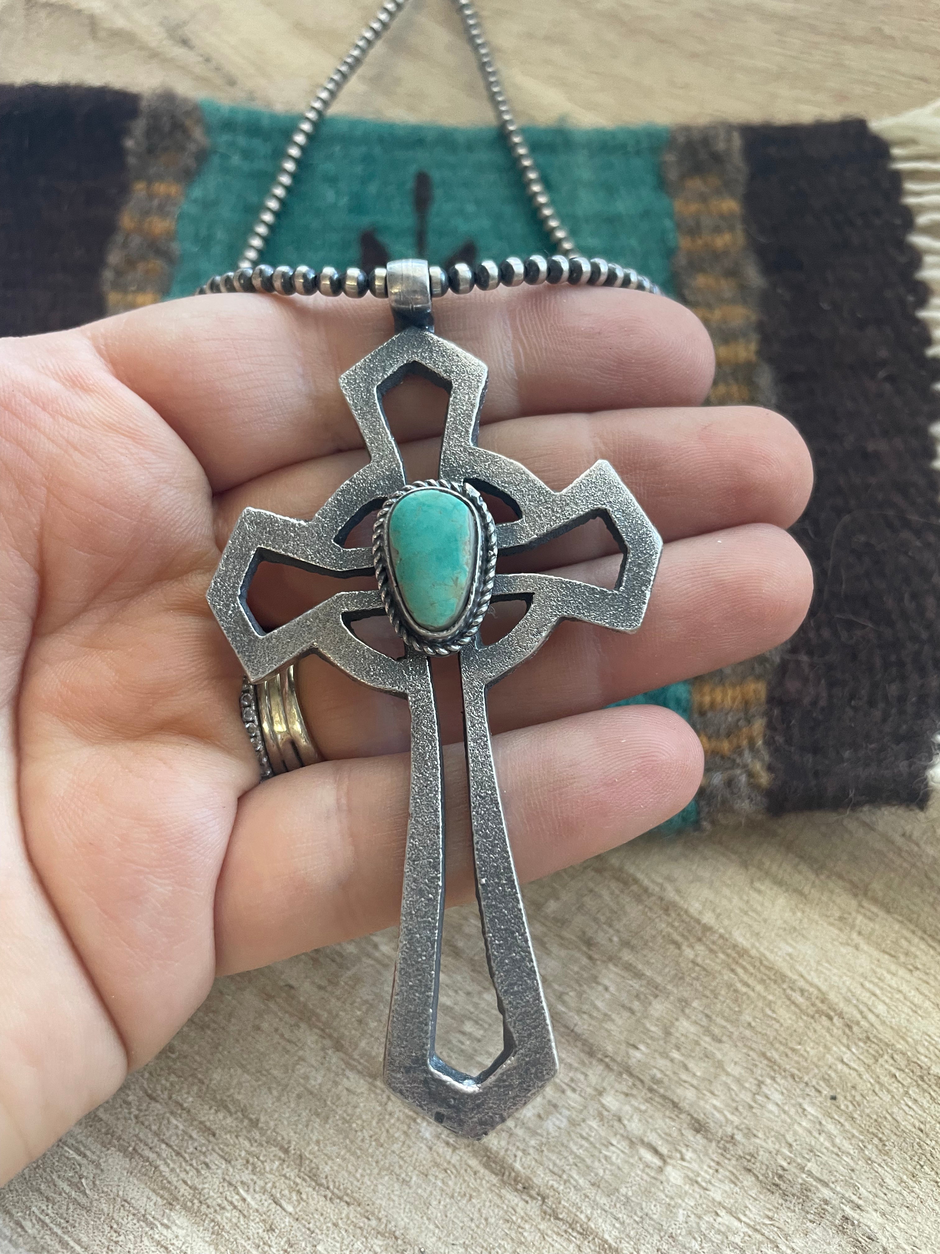 Navajo Sterling Silver & Turquoise Cross Pendant Signed Eugene Mitchell