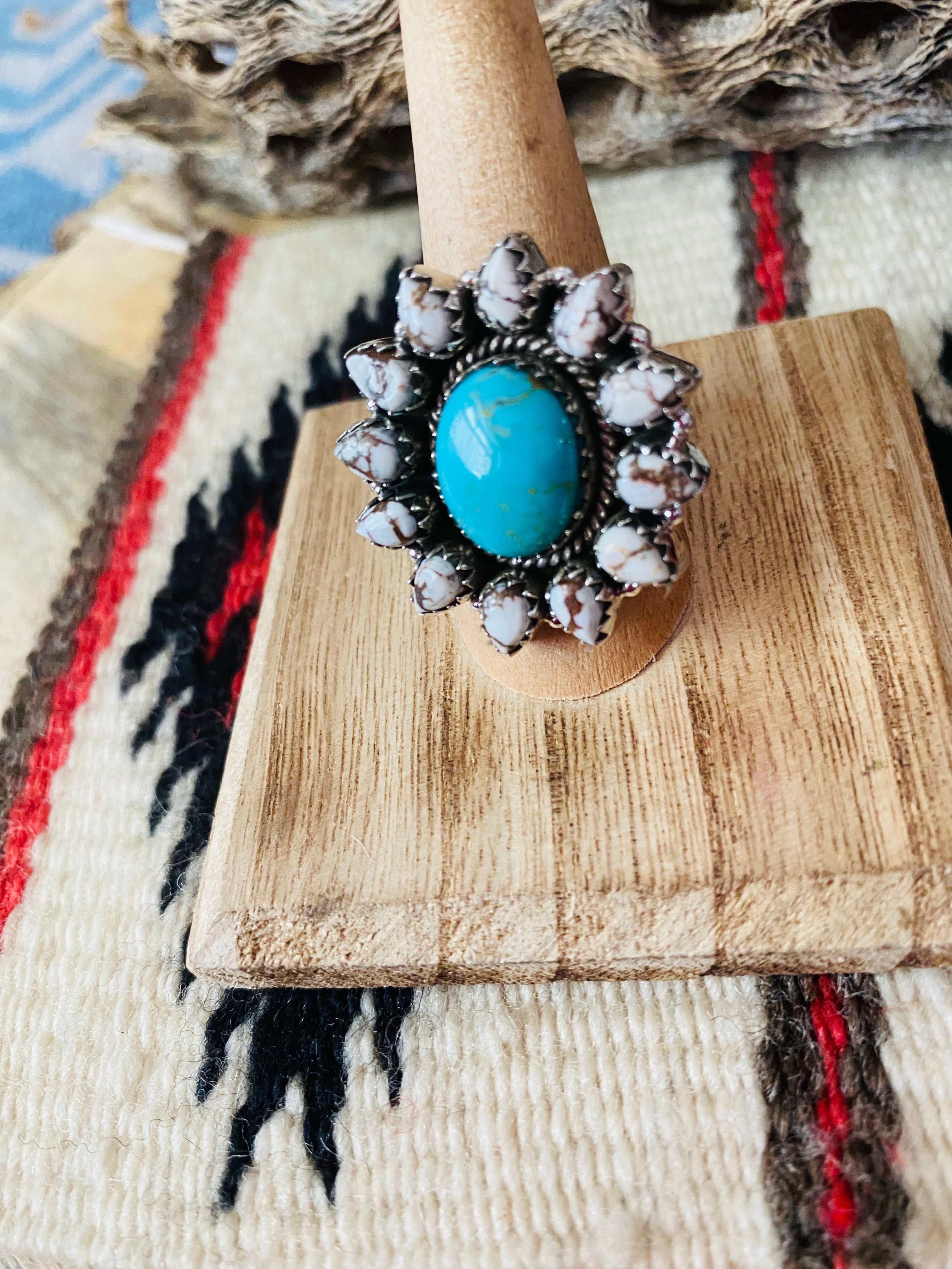 Handmade Sterling Silver, Wild Horse & Turquoise Cluster Adjustable Ring