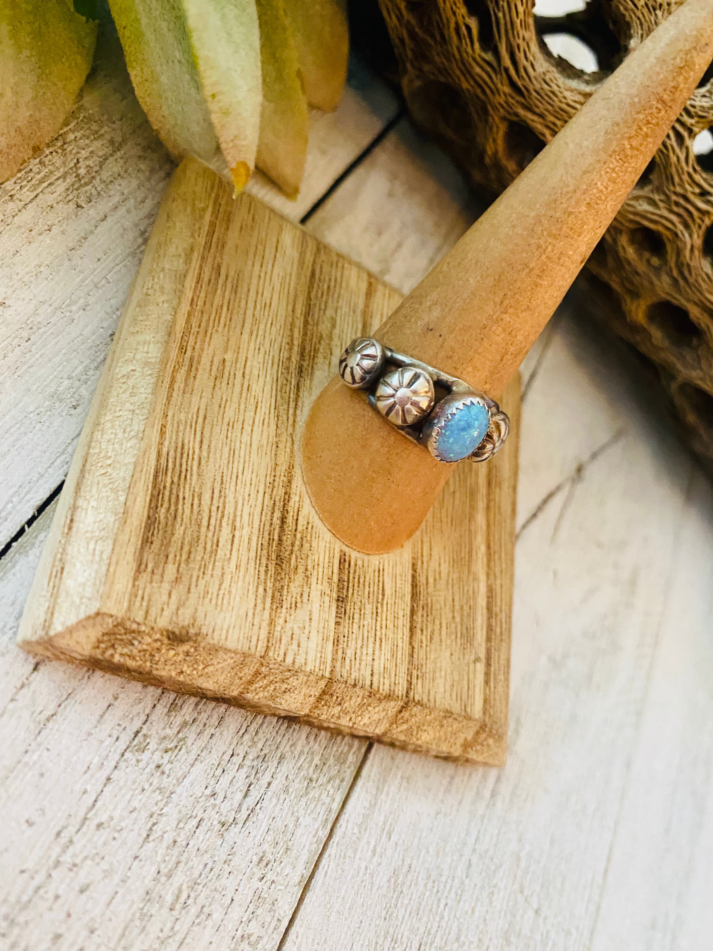 Navajo Blue Opal and Sterling Silver Concho Band Ring