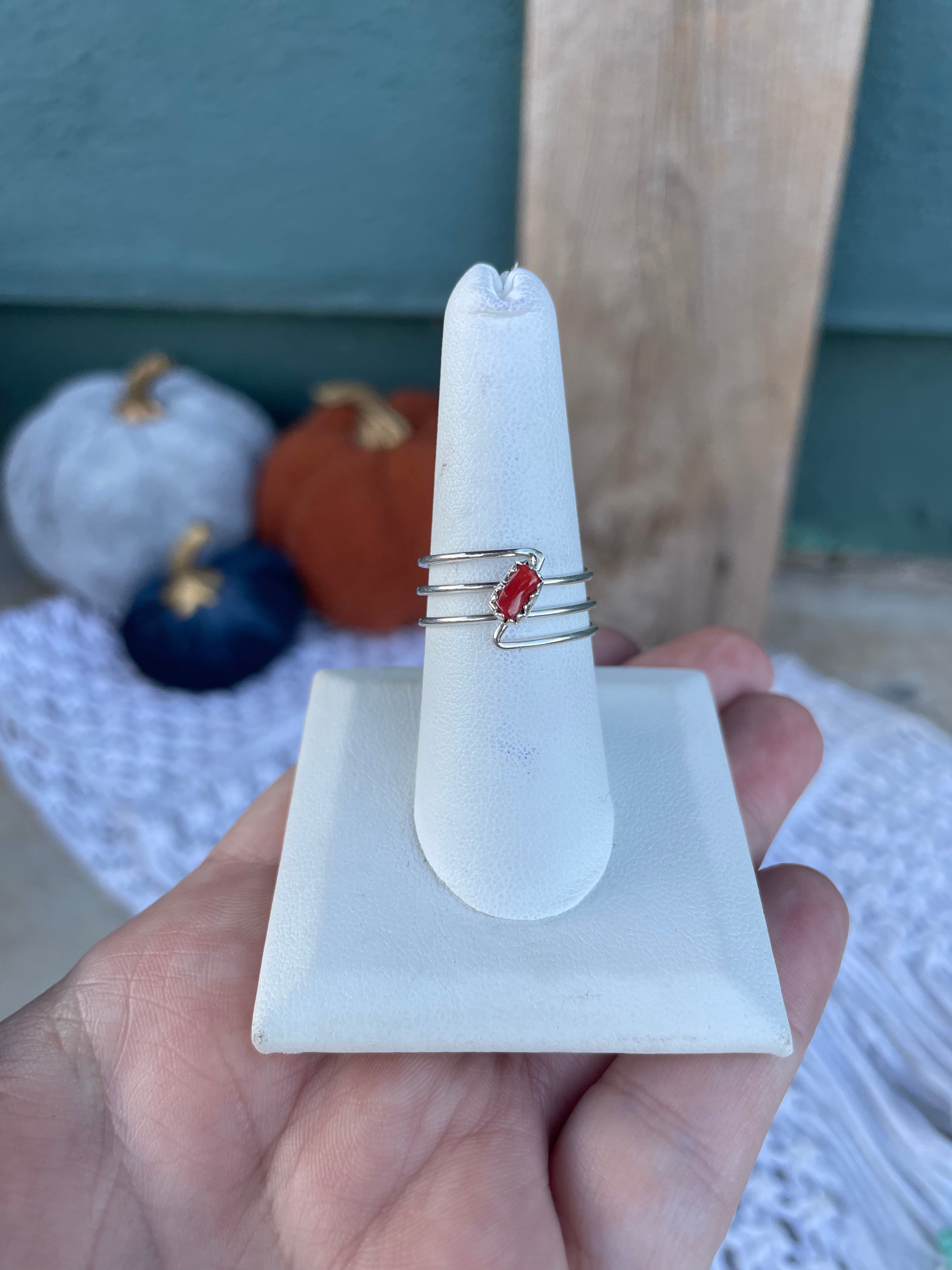 Navajo 3 Ring Coral And Sterling Silver Ring