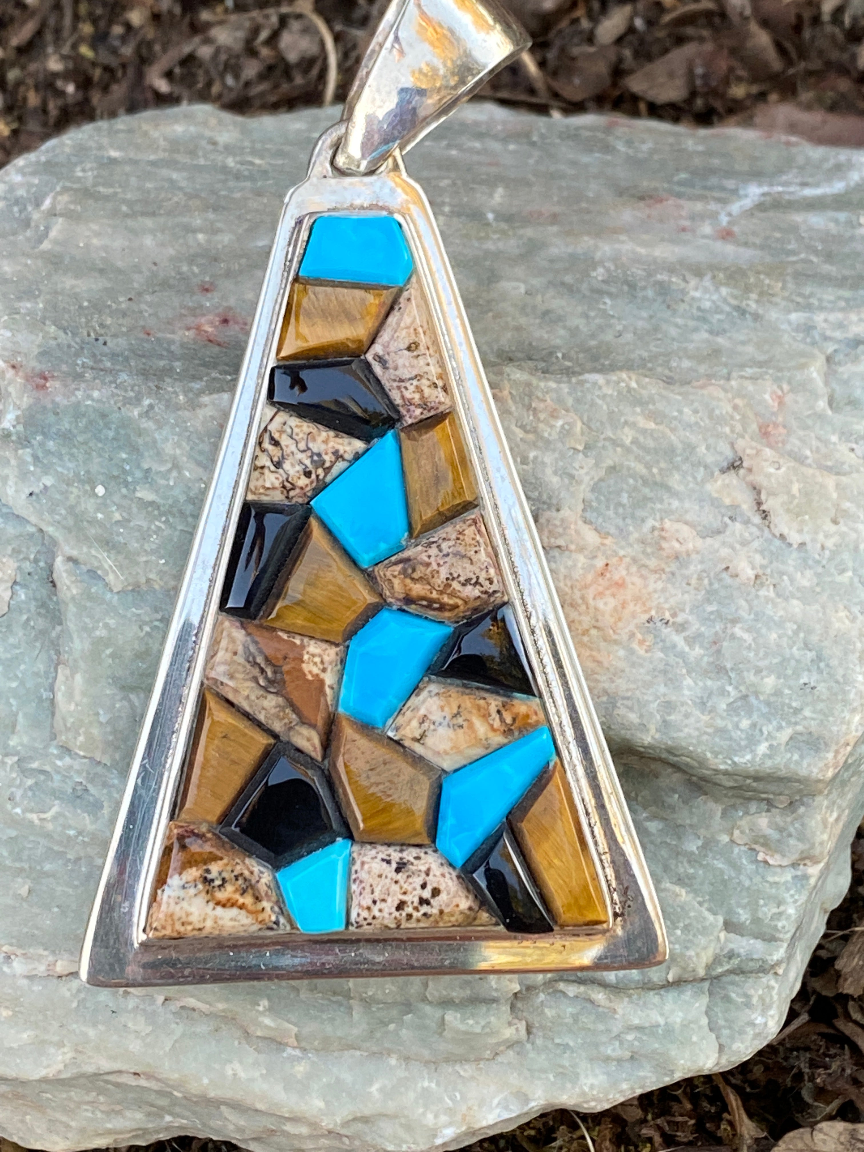 Navajo Rolled Turquoise, Petrified Wood, Onyx & Sterling Silver Pendant