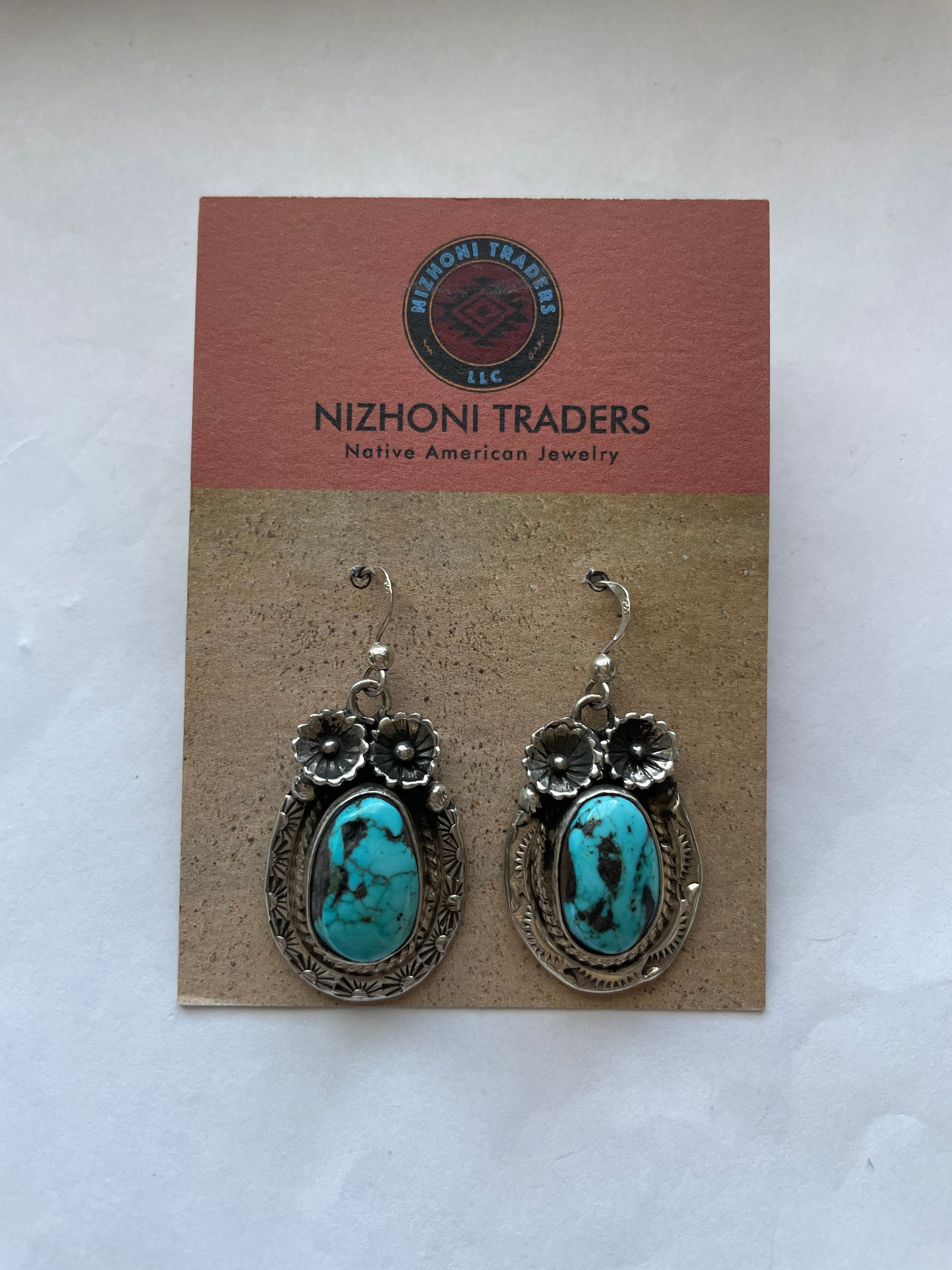 Navajo Kingman Turquoise & Sterling Silver Dangle Earrings