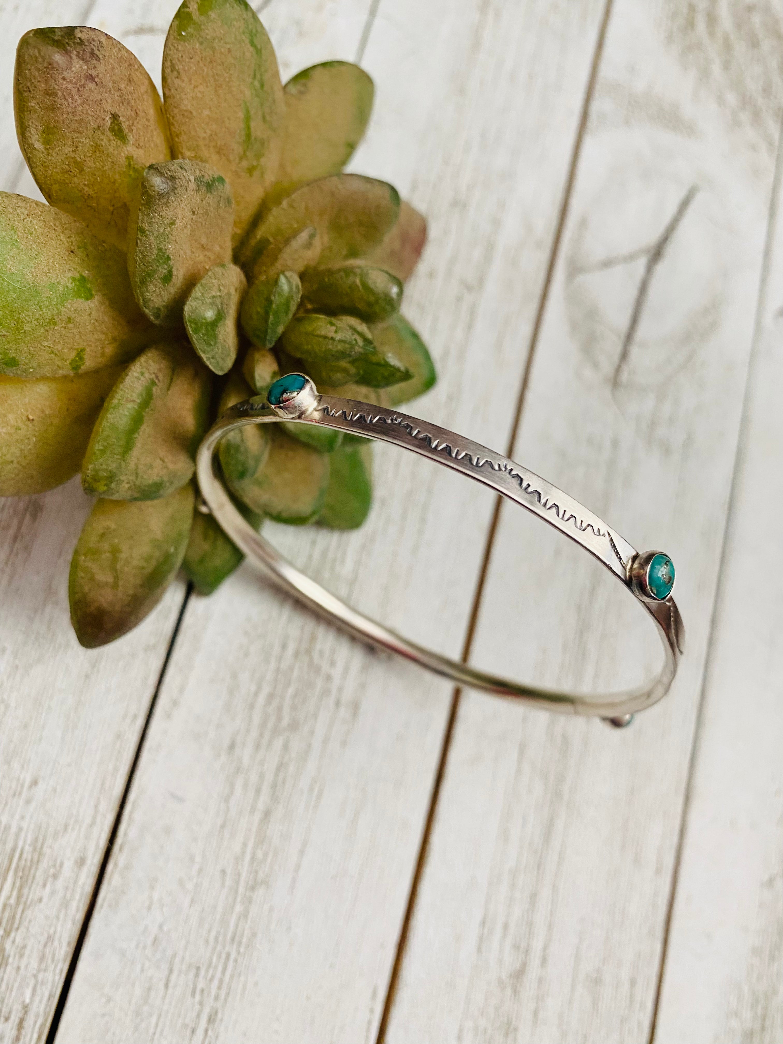 Navajo Hand Stamped Sterling Silver & Turquoise Bangle Bracelet