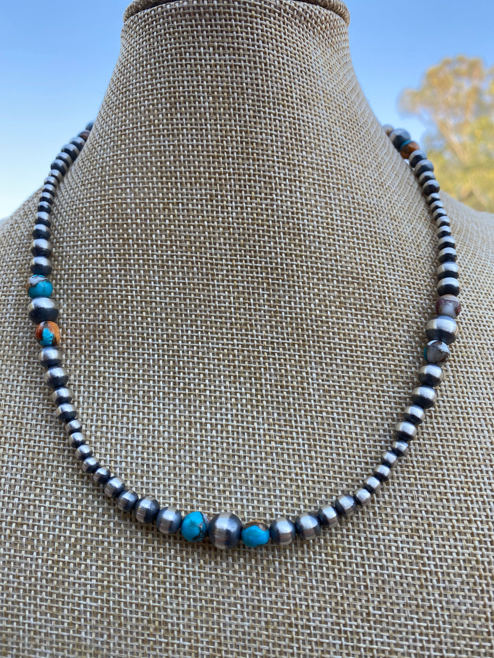 Handcrafted Turquoise & Spiny Spice Sterling Silver Beaded Necklace 18 inch