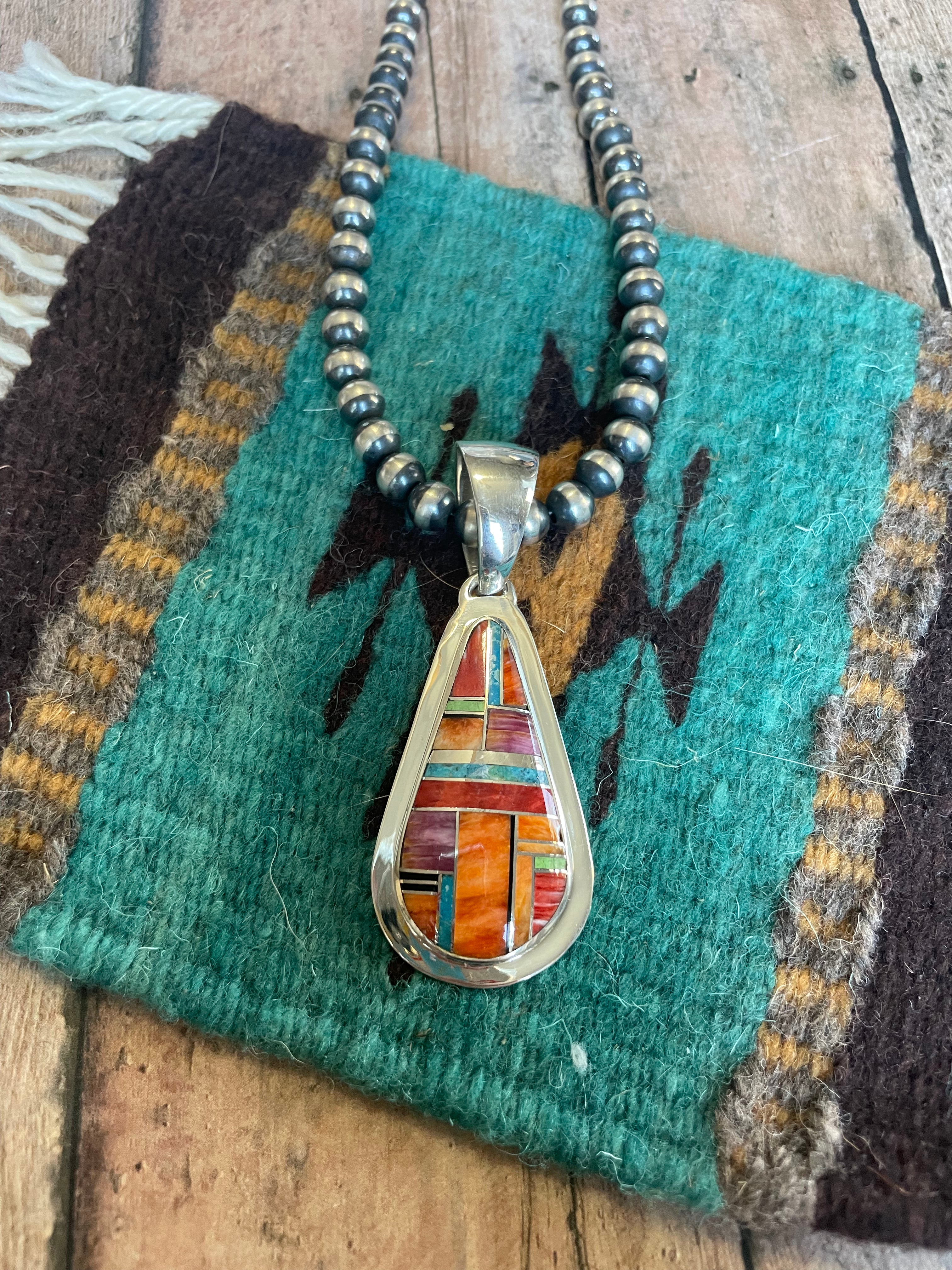 Navajo Multi Stone Inlay & Sterling Silver Pendant Signed