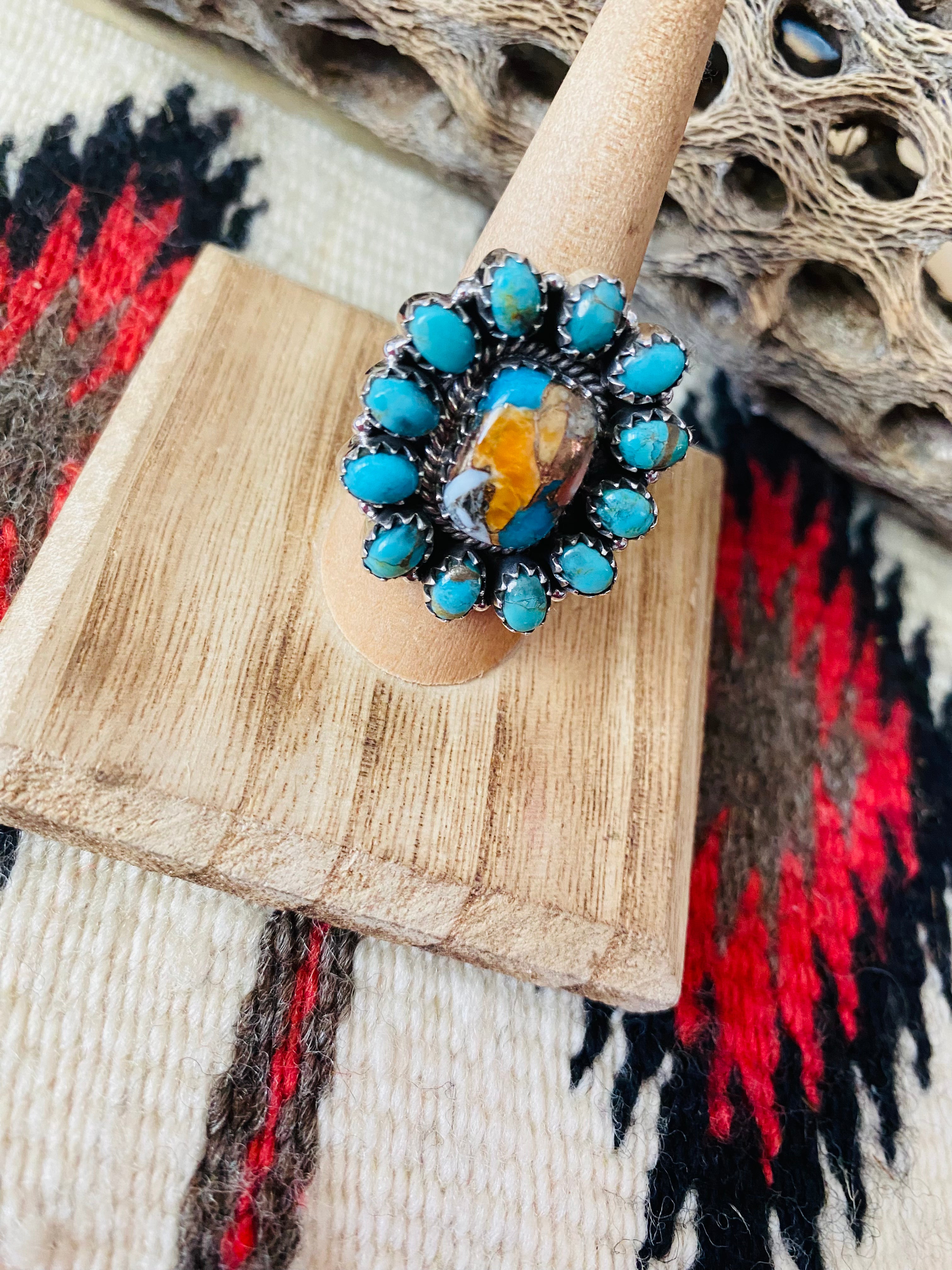 Handmade Sterling Silver, Spice & Turquoise Cluster Adjustable Ring