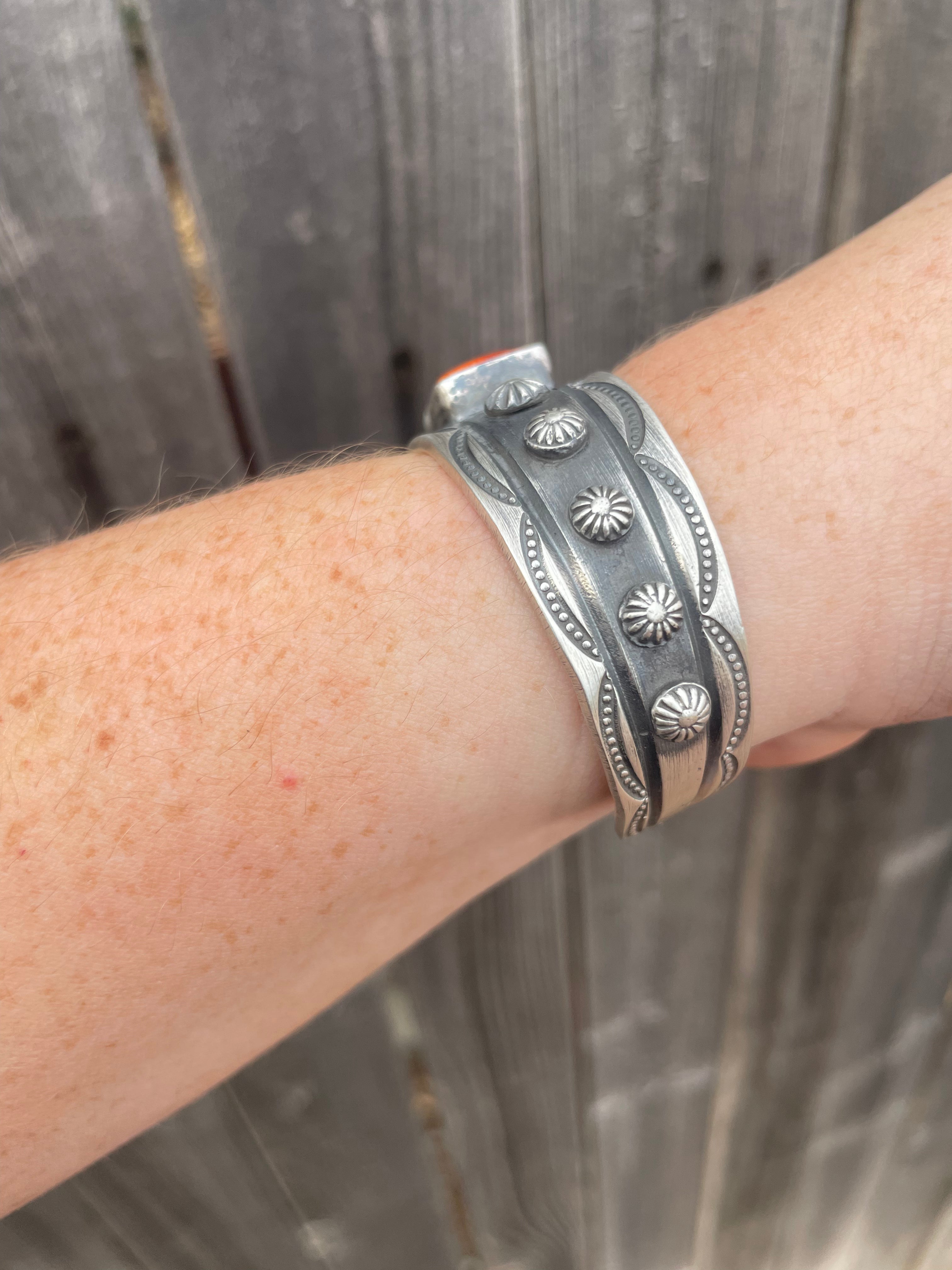 Navajo Sterling Silver & Orange Spiny Cuff Stamped And Signed By Chimney Butte