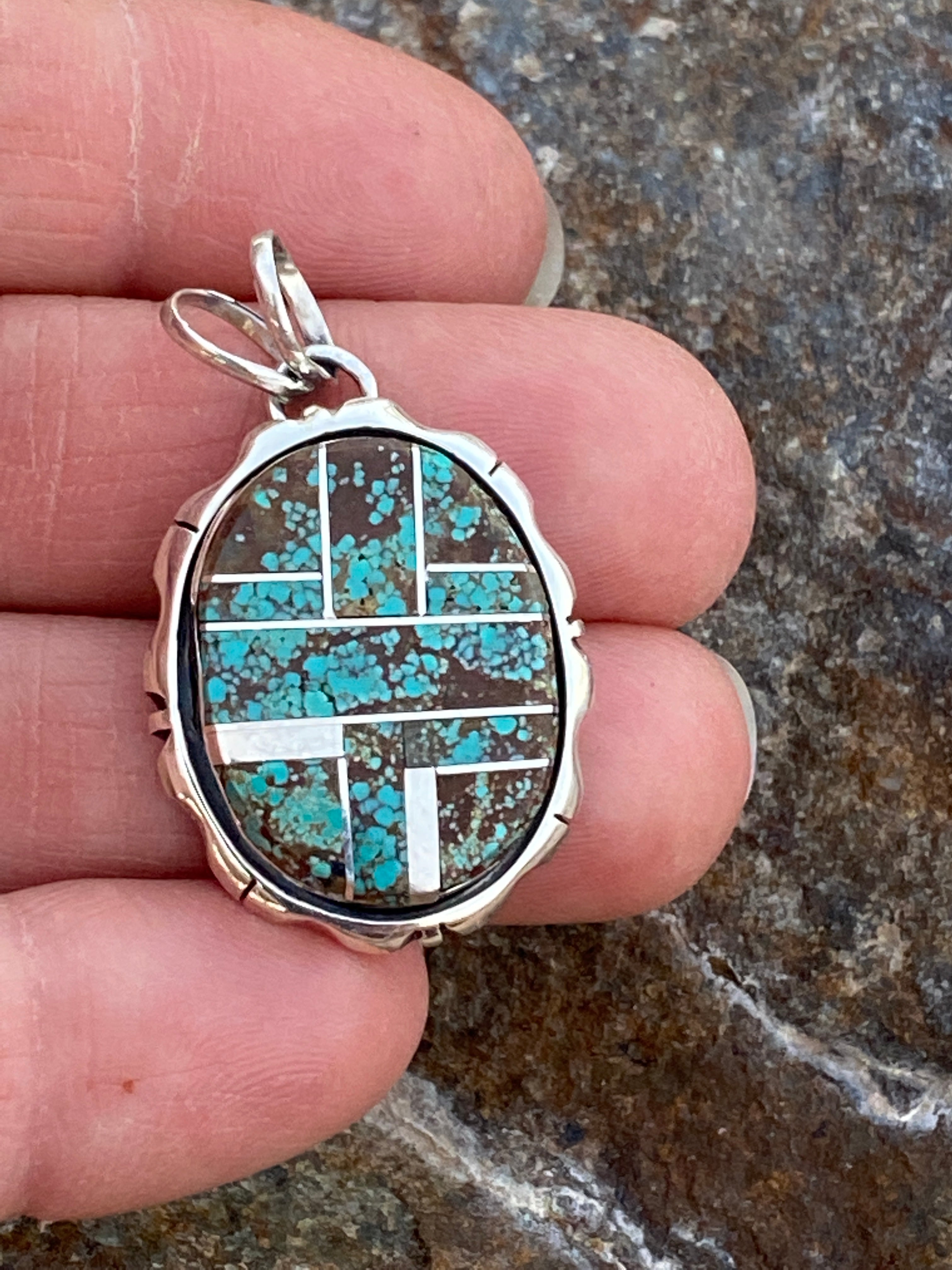 Navajo Turquoise 8 Sterling Silver 1.25” Oval Pendant