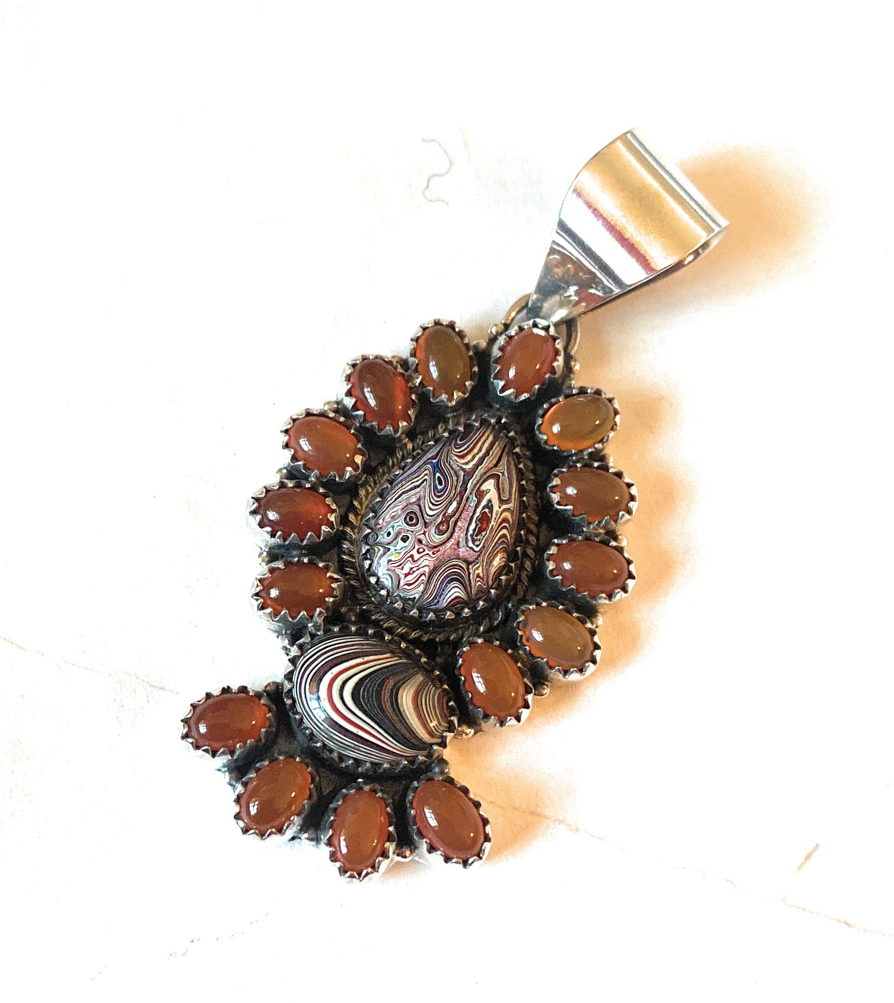 Handmade Sterling Silver, Fordite & Garnet Cluster Pendant