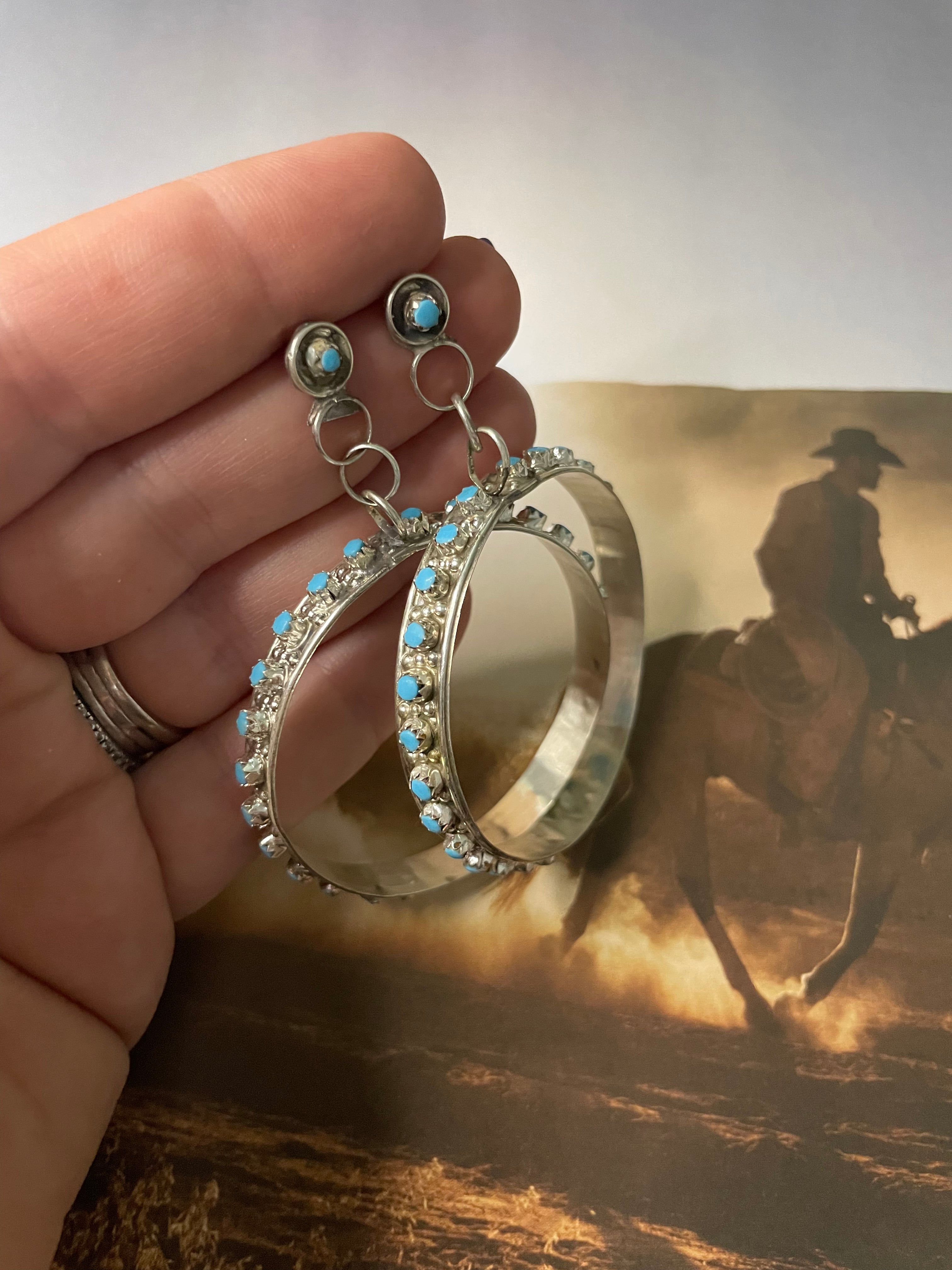 Navajo Sterling Silver And Turquoise Hoop Earrings