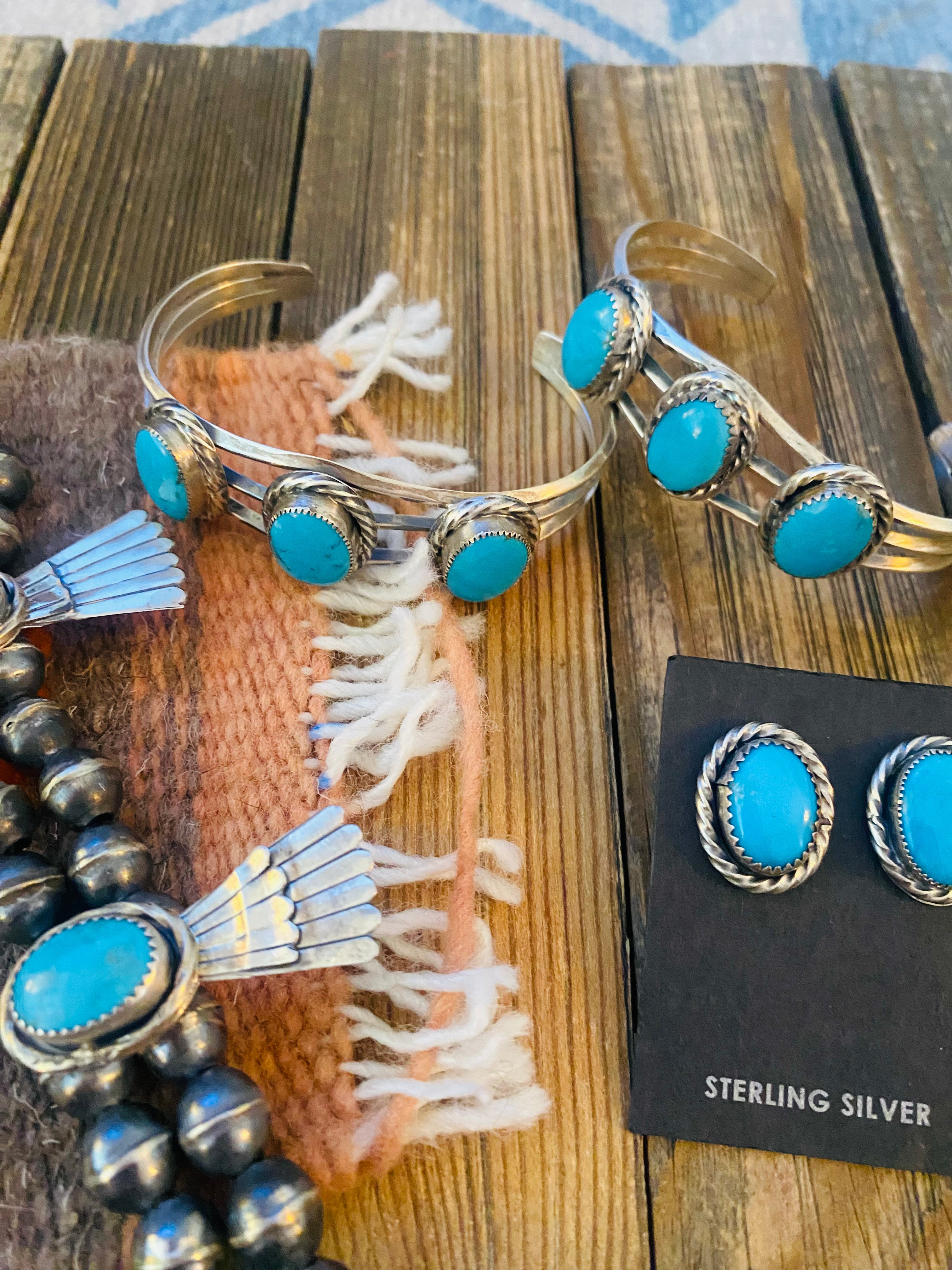 Old Pawn Vintage Navajo Turquoise And Sterling Silver 4 Piece Set