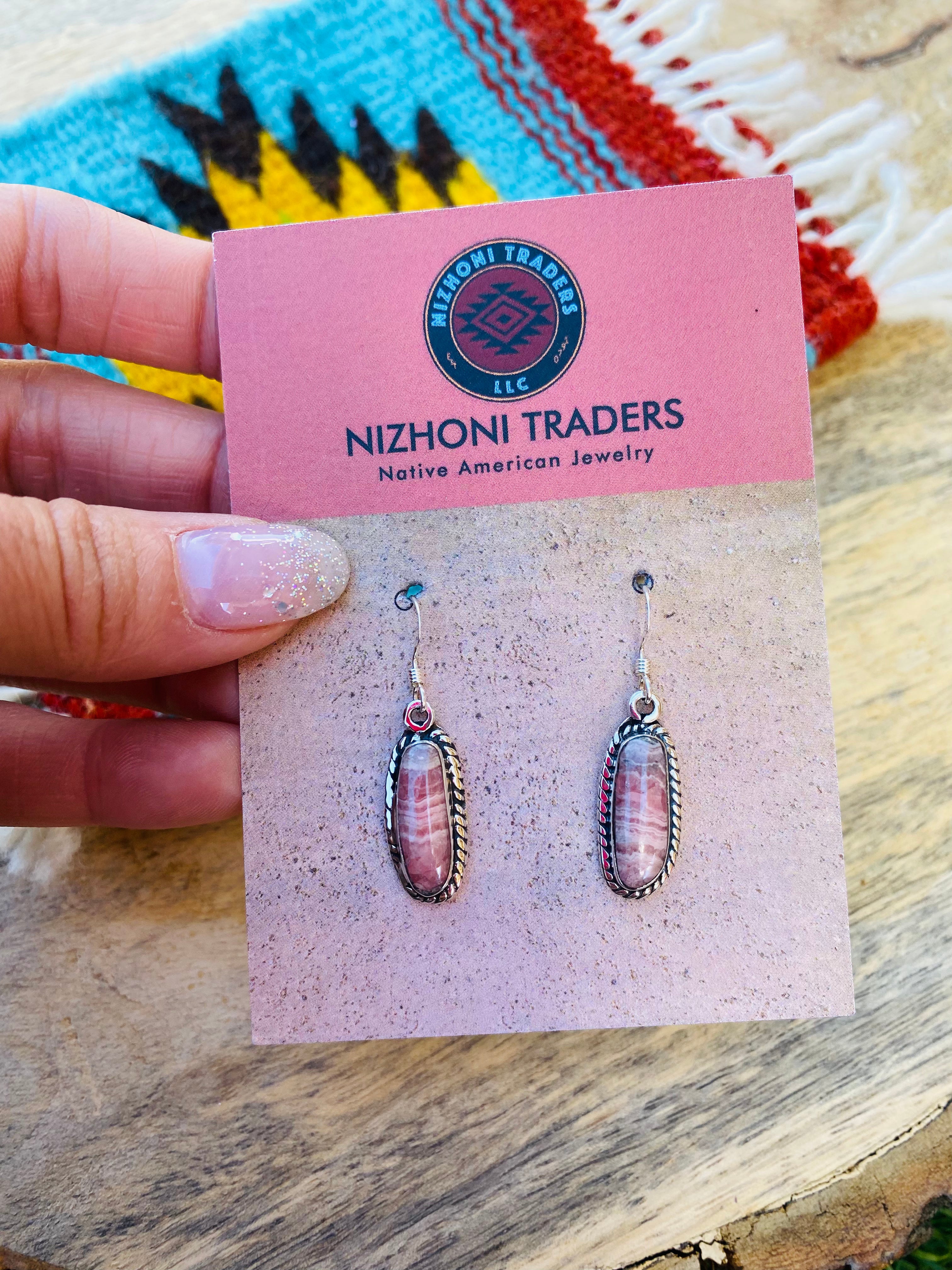 Navajo Sterling Silver & Rhodochrosite Dangle Earrings