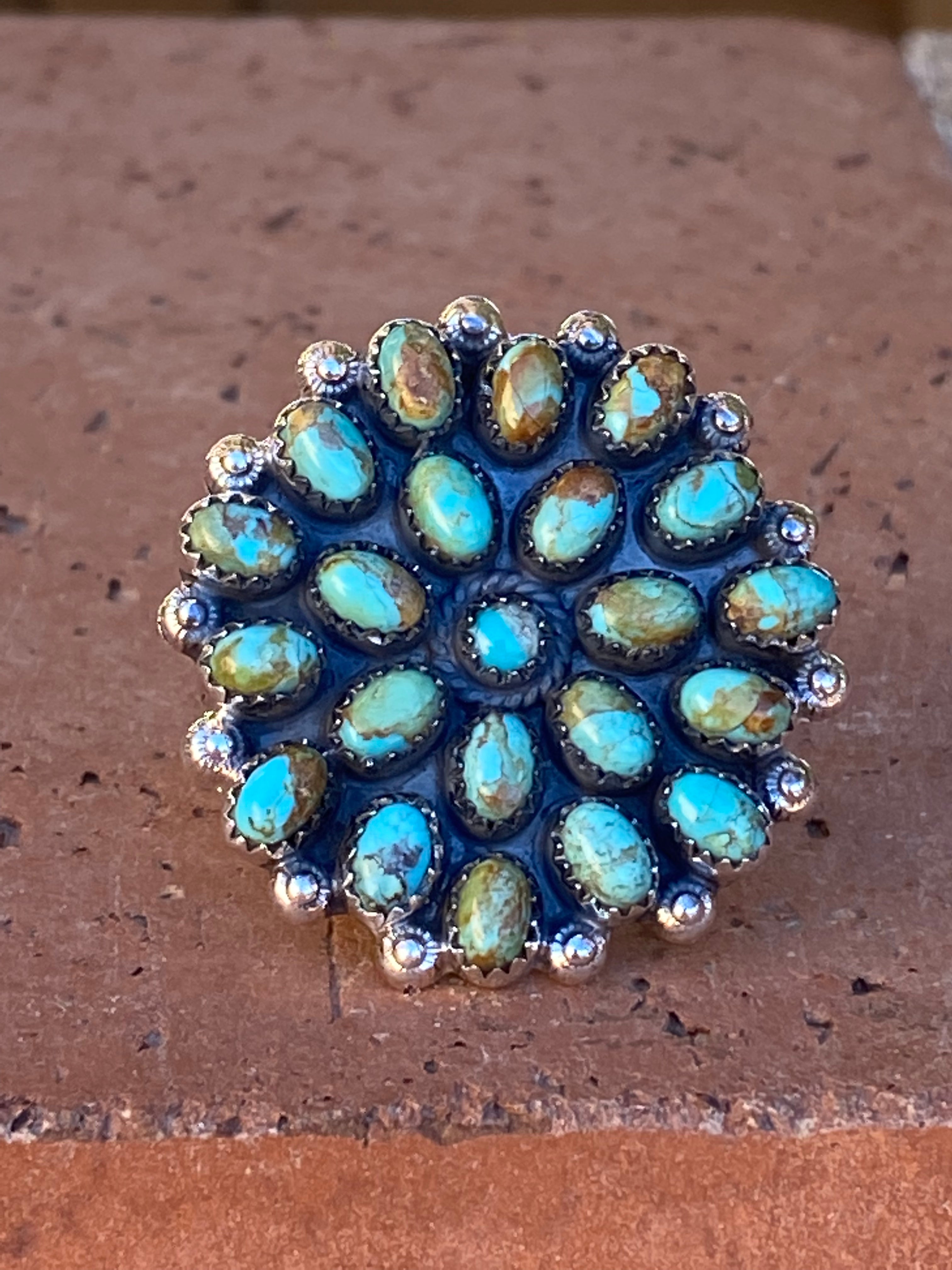 Handmade Round Royston Turquoise And Sterling Silver Adjustable Ring