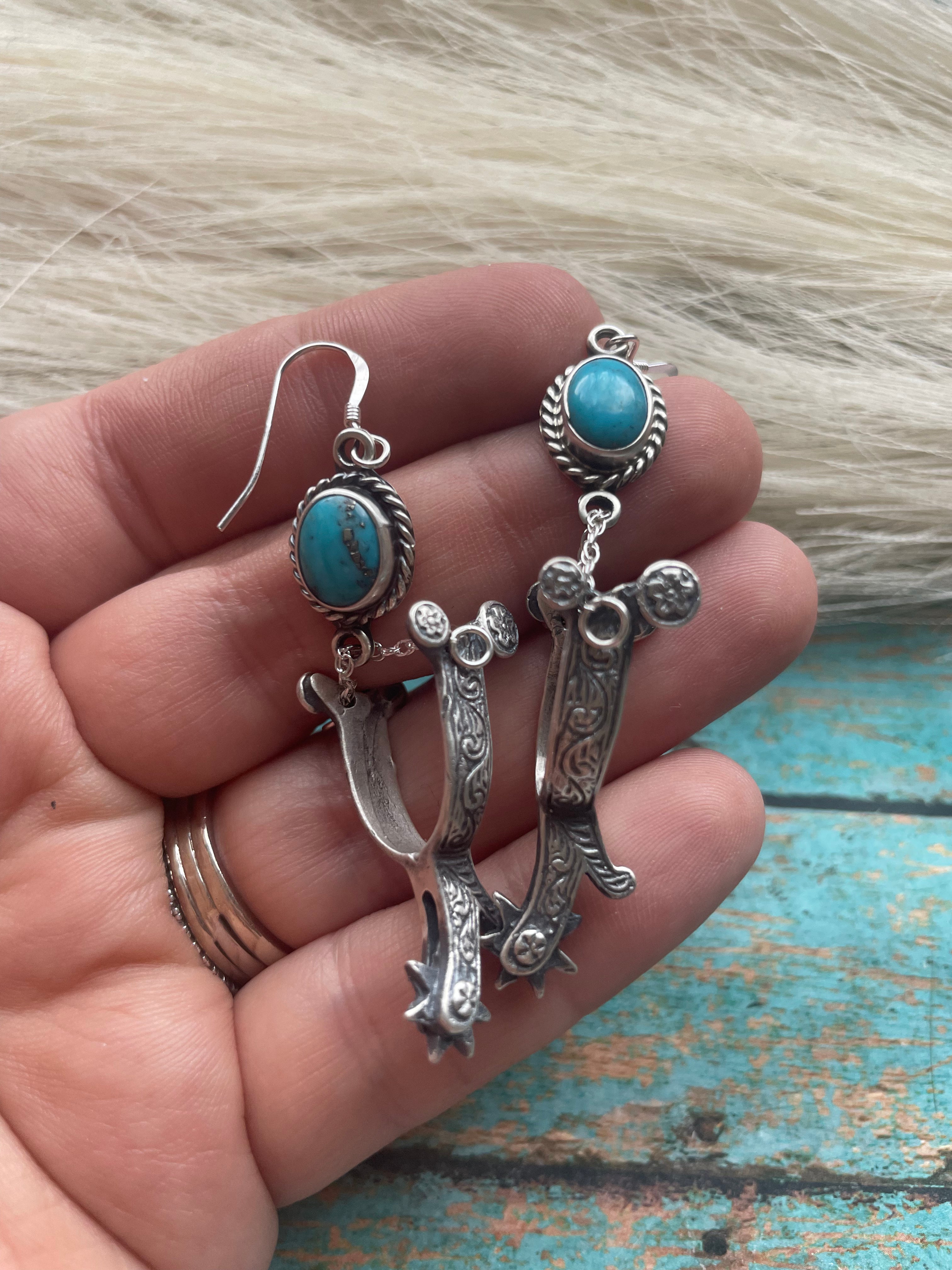 Navajo Sterling Silver And Turquoise Dangle Spur Earrings