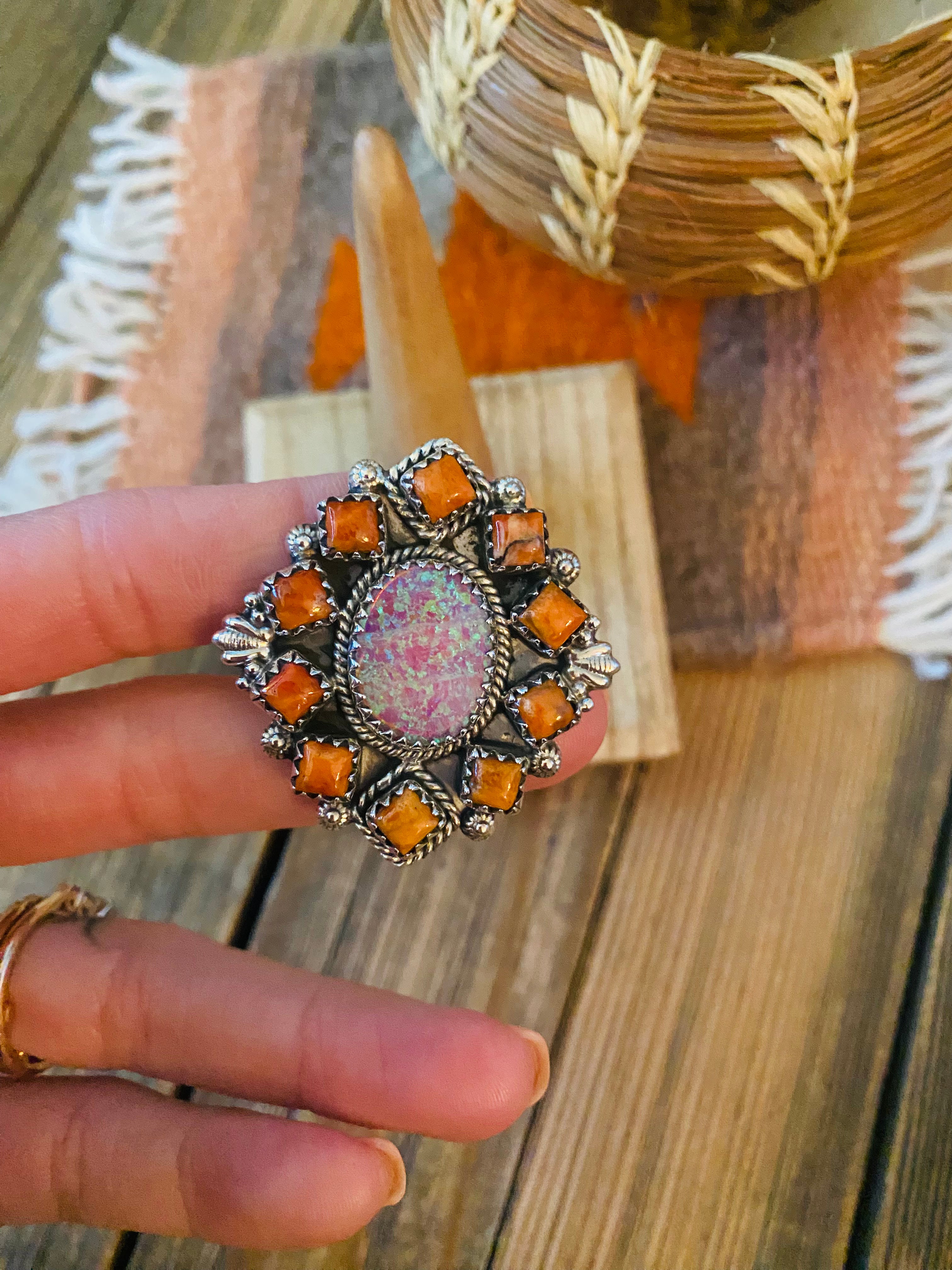 Handmade Sterling Silver, Orange Mojave & Opal Cluster Adjustable Ring