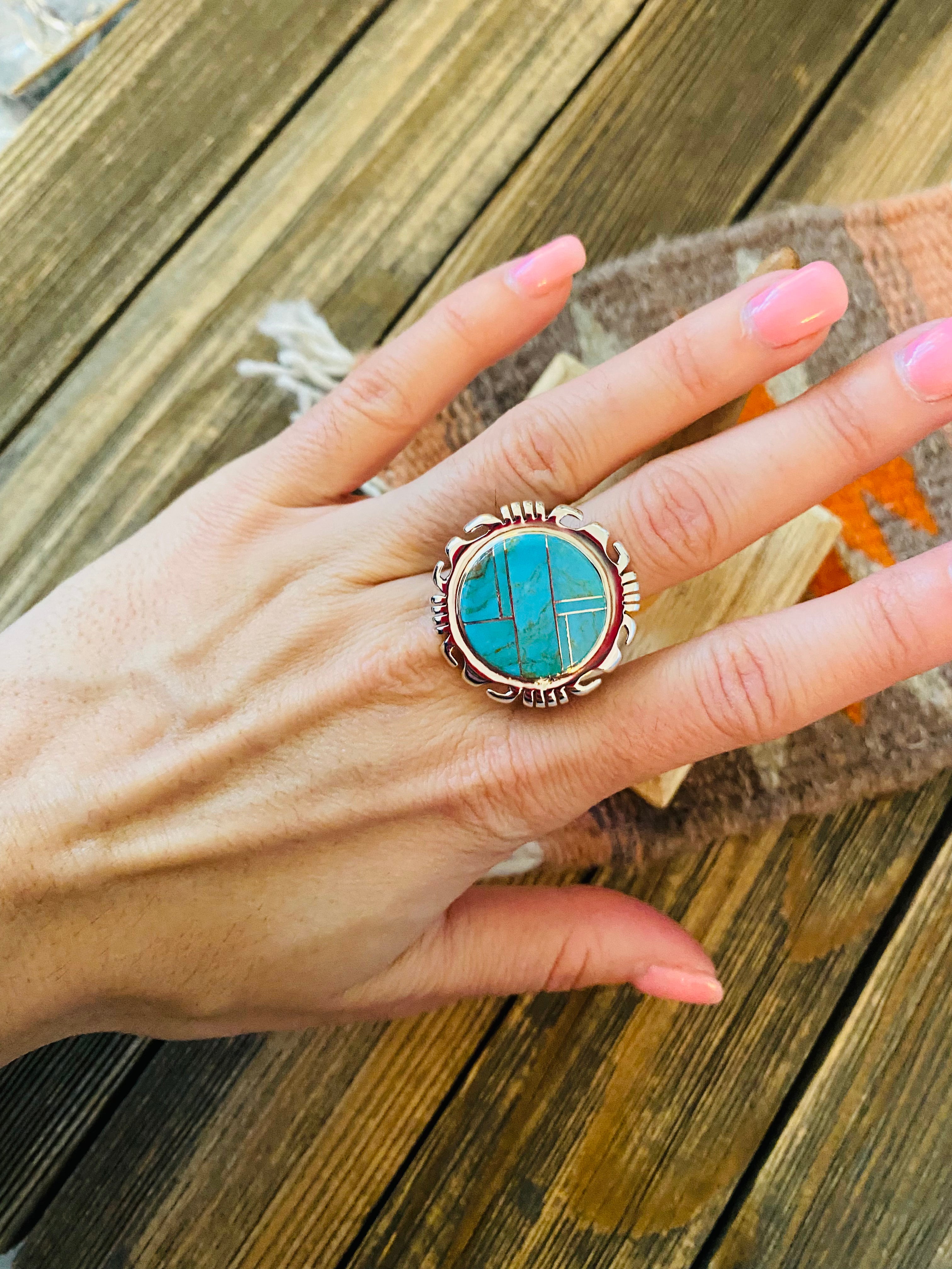 Navajo Sterling Silver & Turquoise Inlay Ring Size 6.75