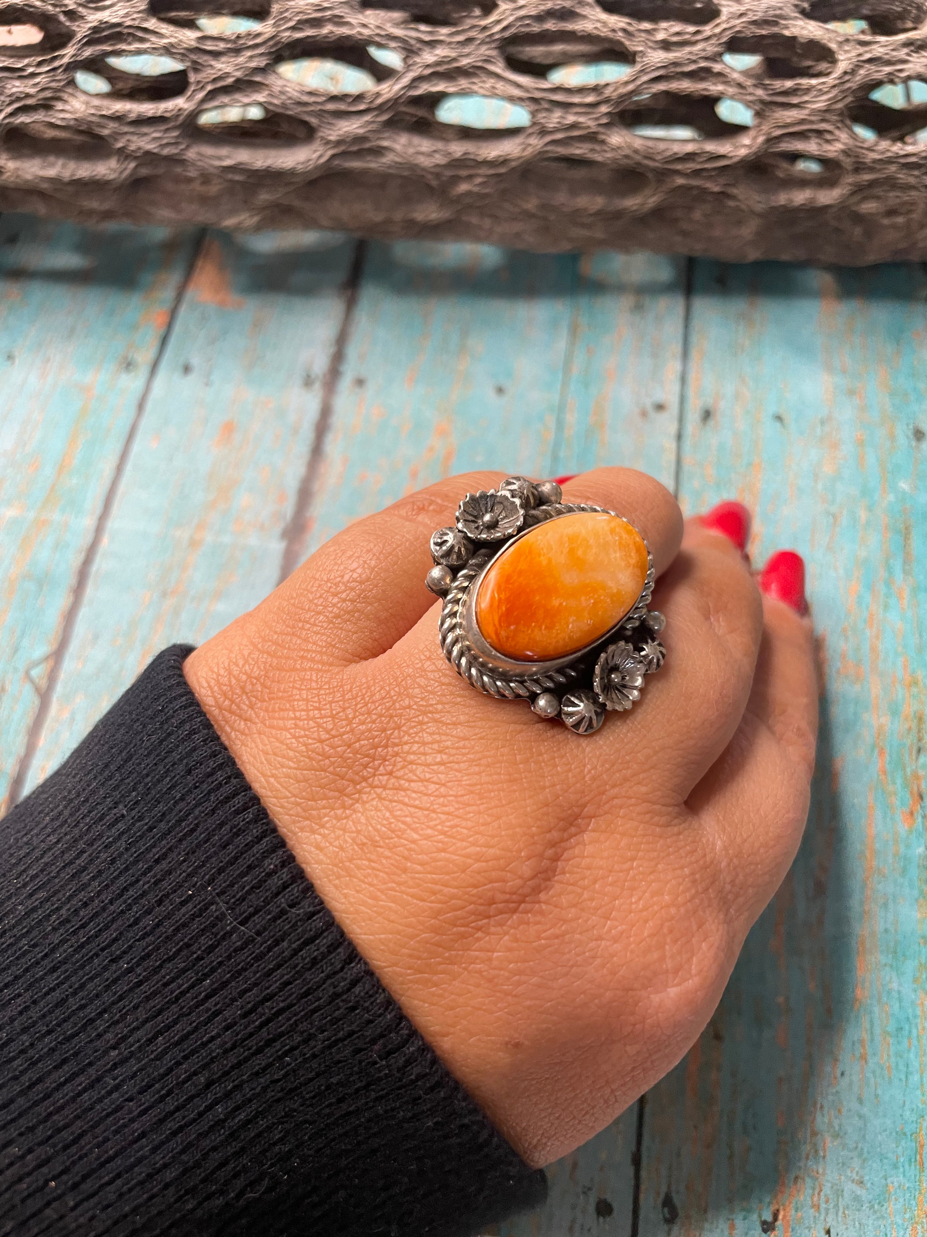 Old Pawn Navajo Sterling Silver & Orange Spiny Ring Size 9