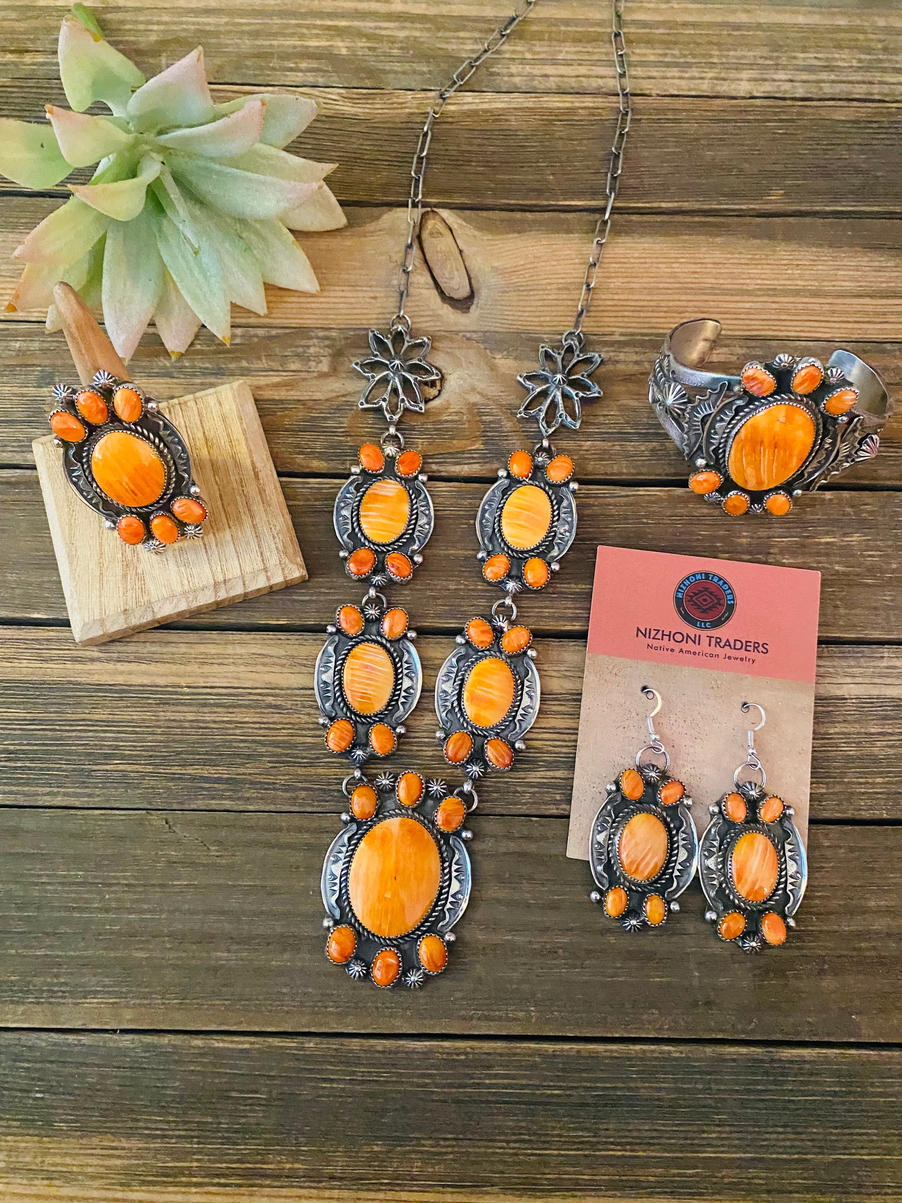 Navajo Orange Spiny And Sterling Silver 4 Piece Set by Kevin Billah