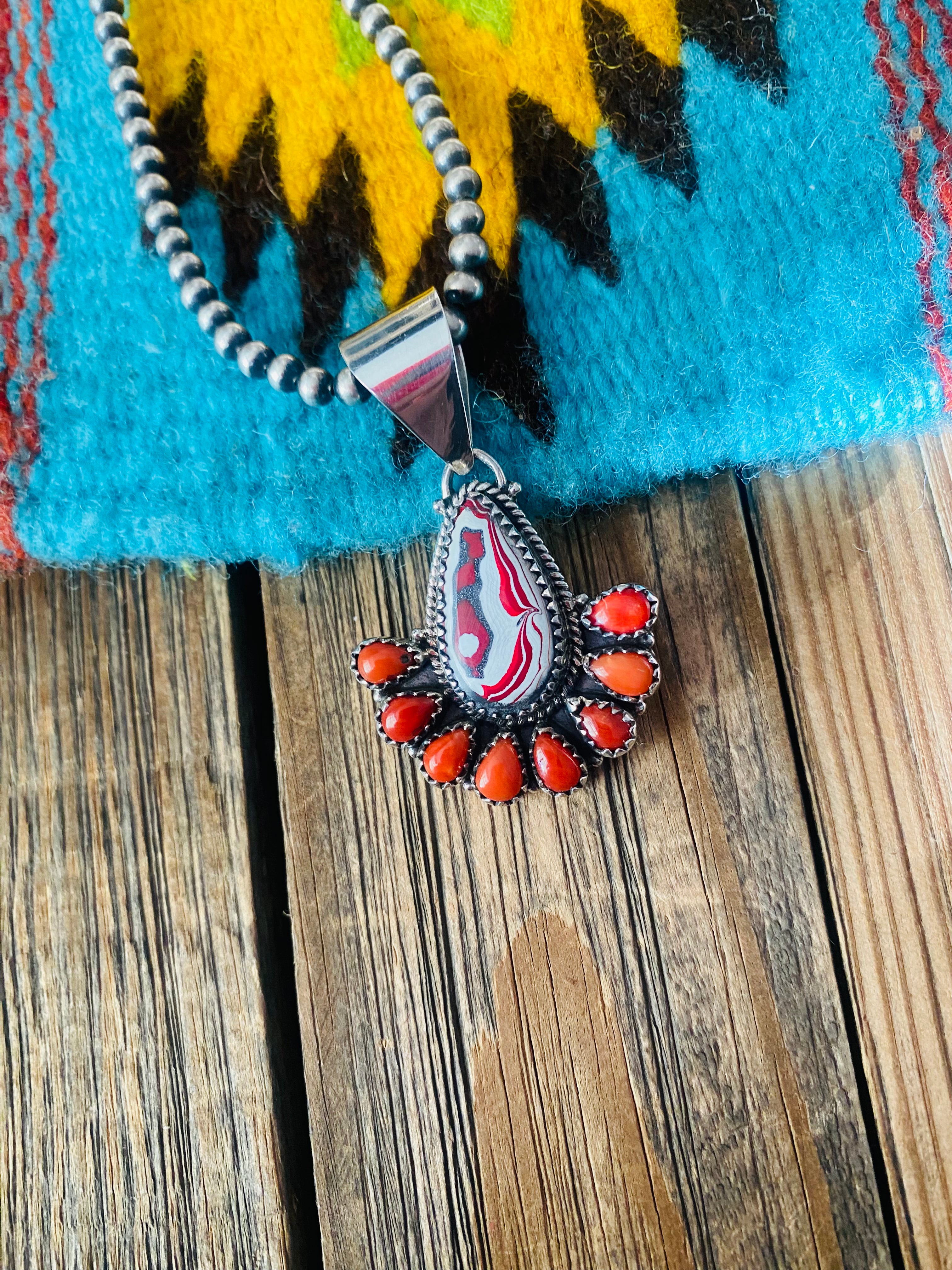 Handmade Sterling Silver, Fordite & Coral Cluster Pendant