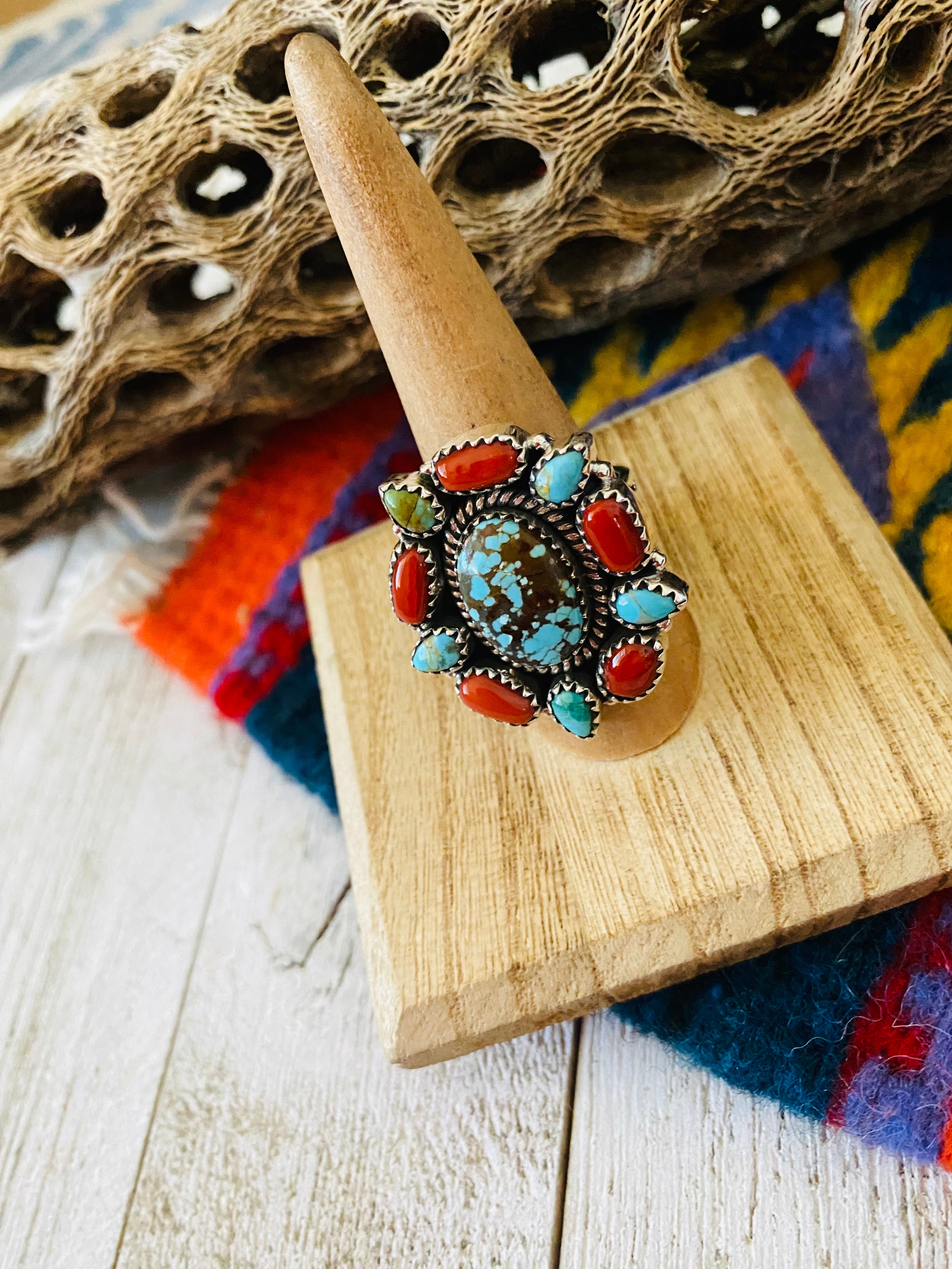 Handmade Sterling Silver, Coral & Number 8 Turquoise Cluster Adjustable Ring