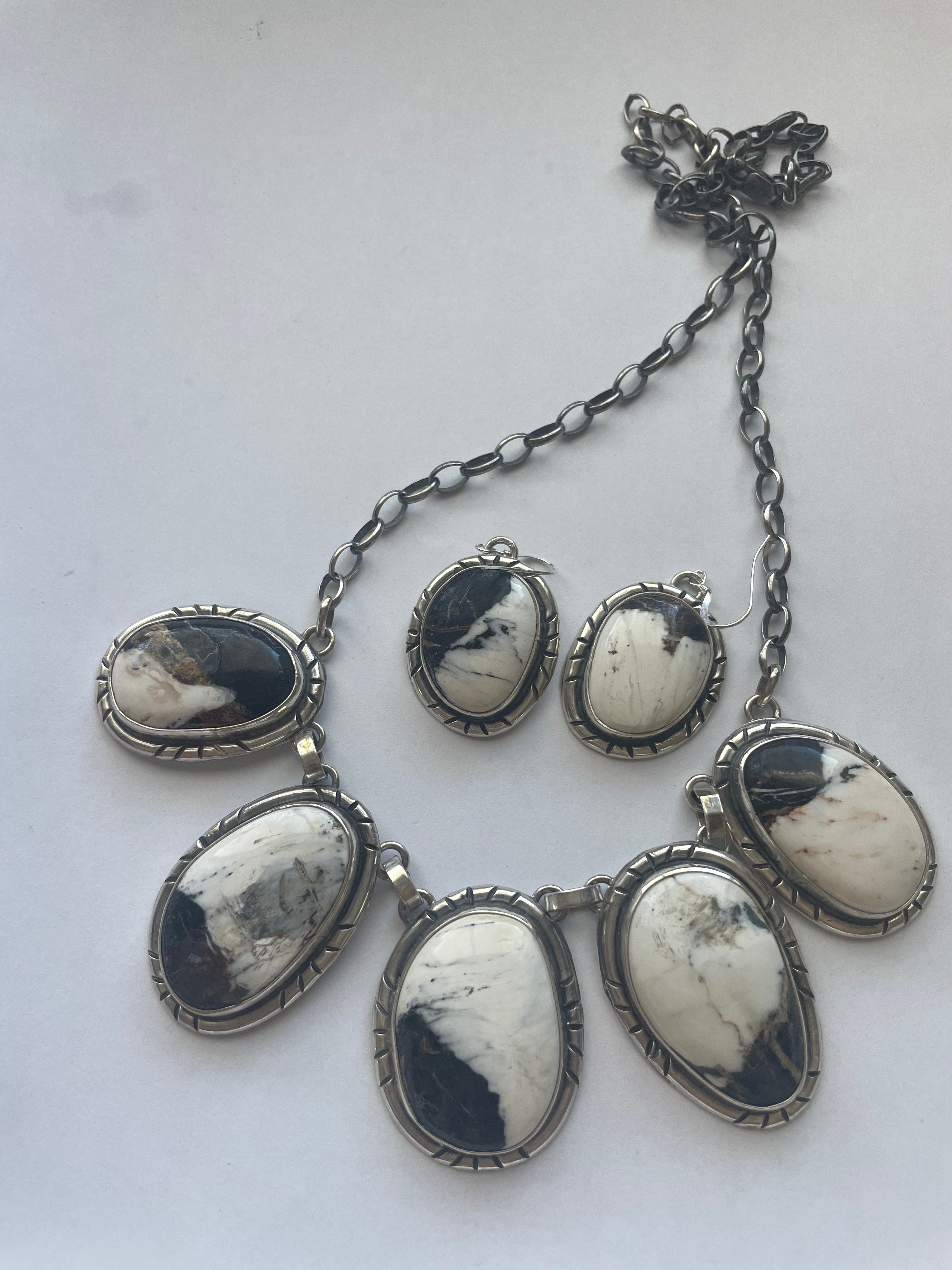 Navajo Sterling Silver & White Buffalo Necklace & Earrings Set Signed