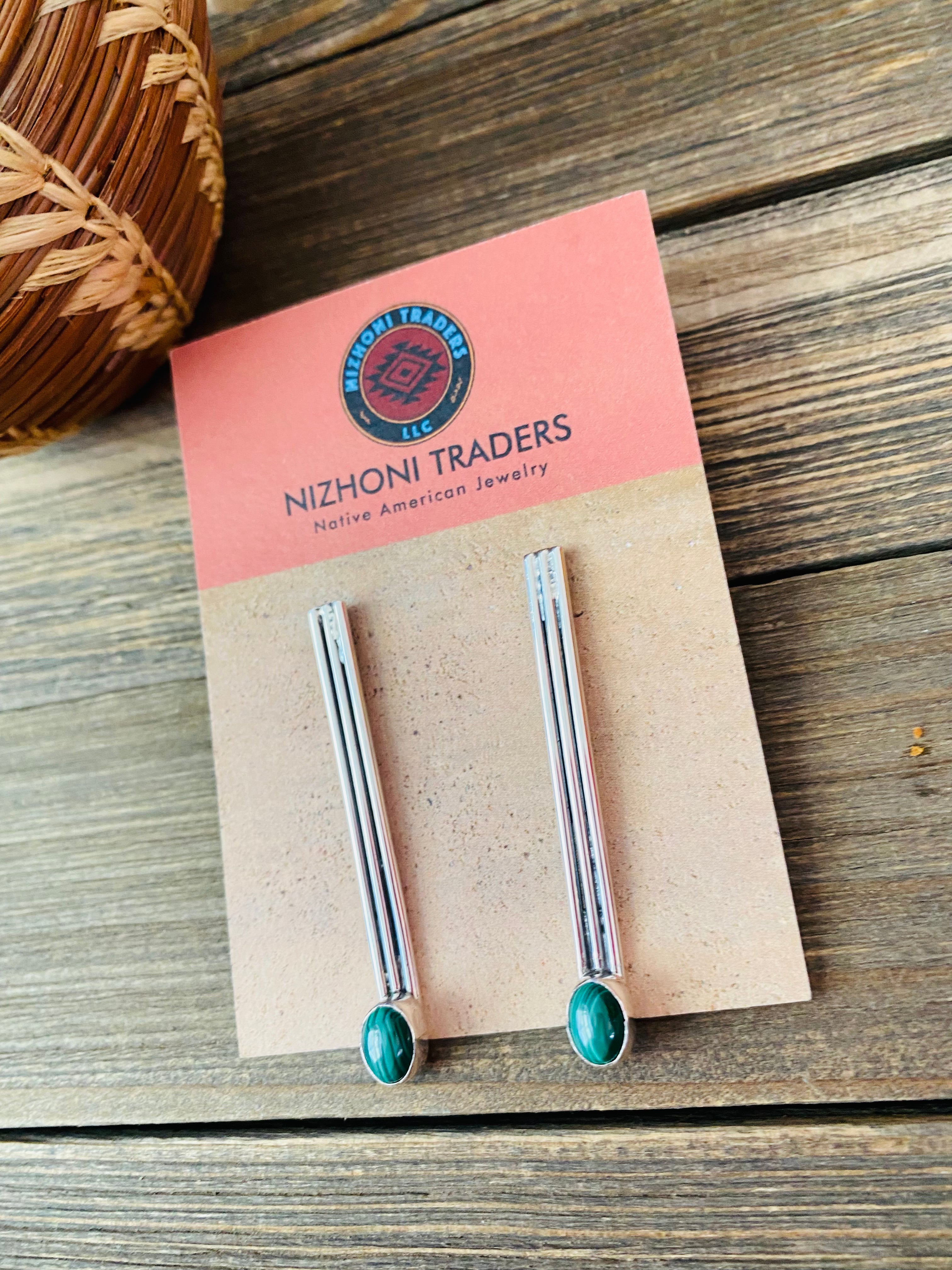 Navajo Malachite & Sterling Silver Dangle Earrings