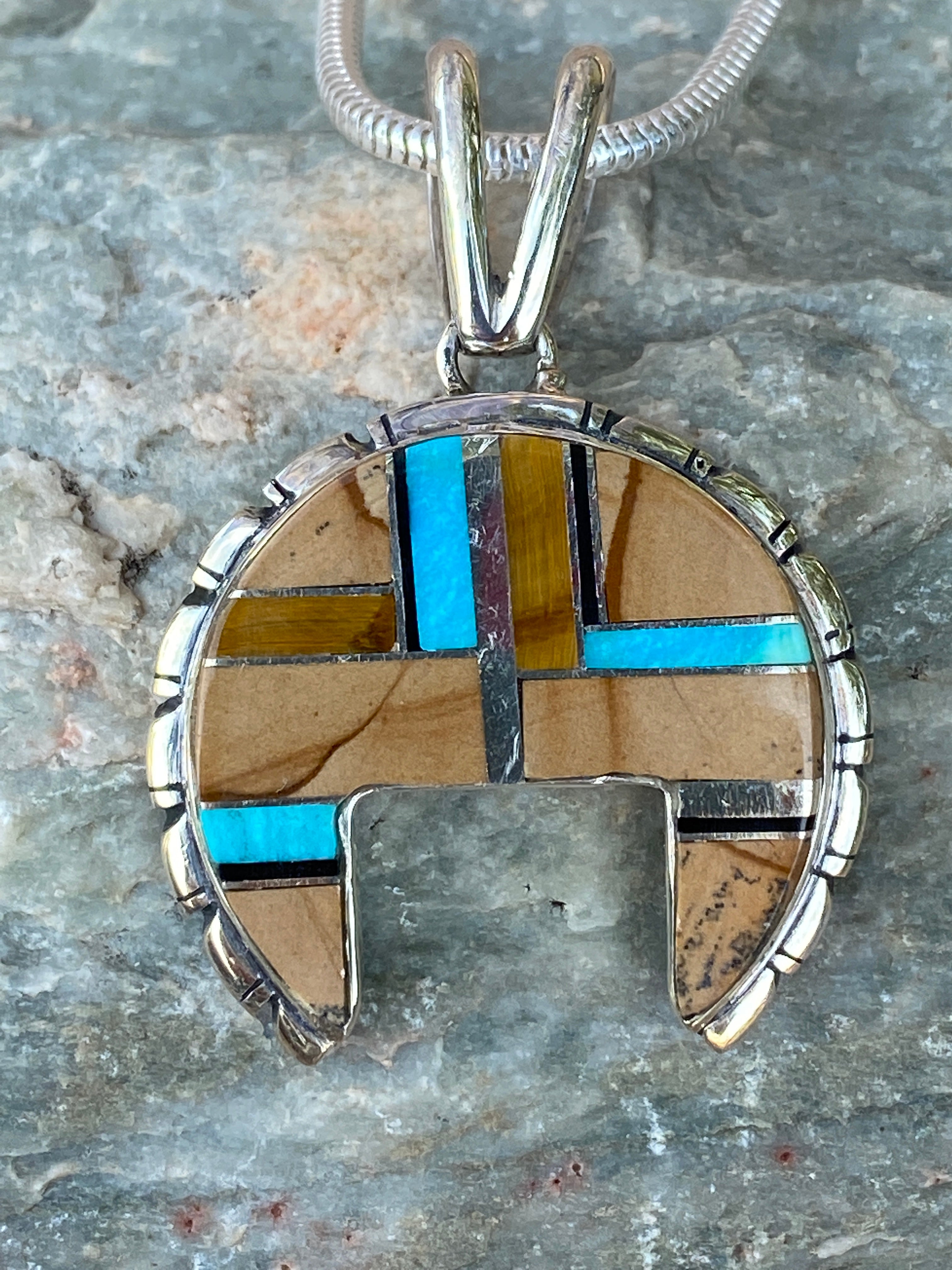 Navajo Turquoise, Onyx, Petrified Wood Naja Pendant