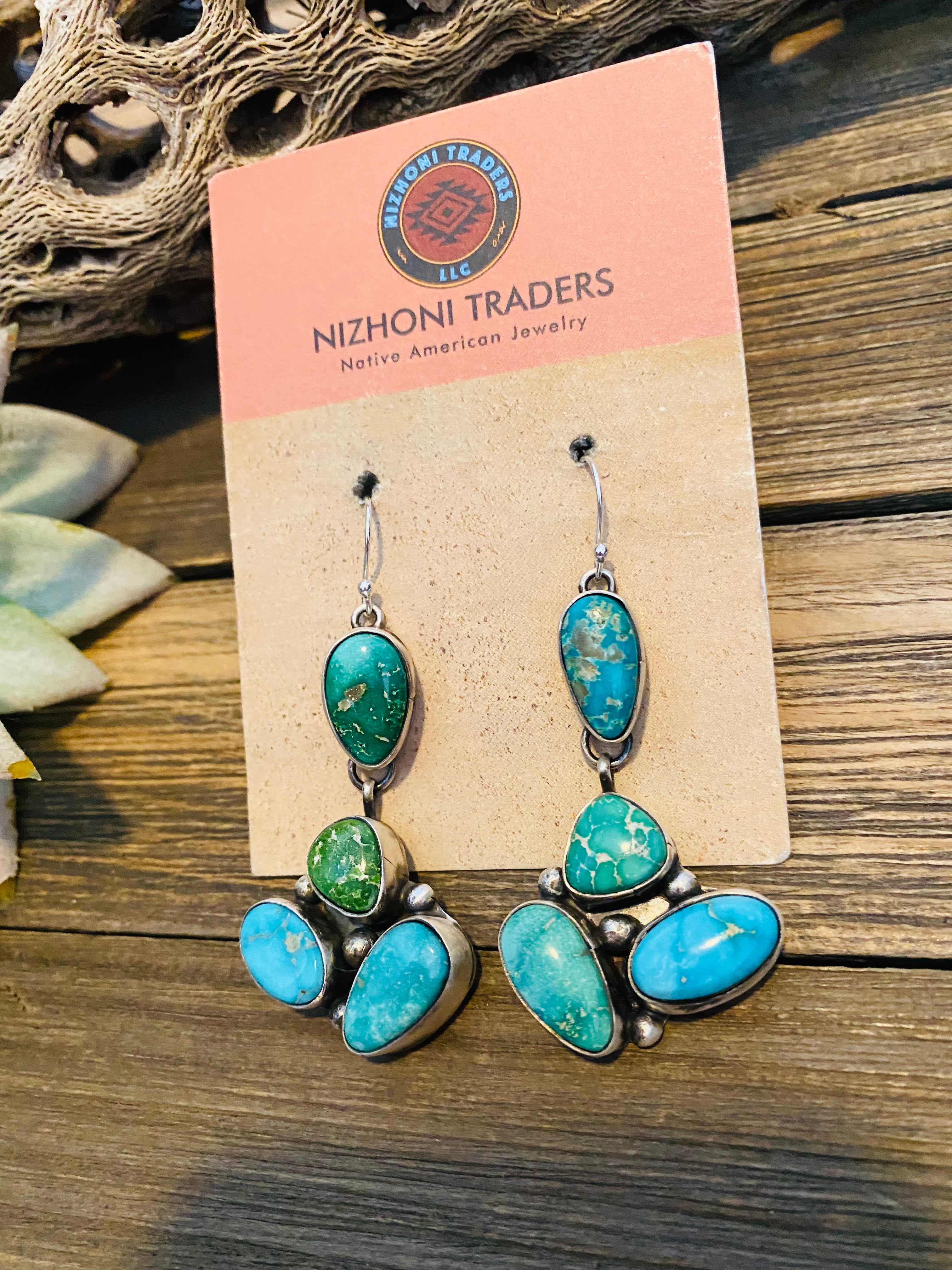 Navajo Multi Turquoise & Sterling Silver Cluster Dangle Earrings