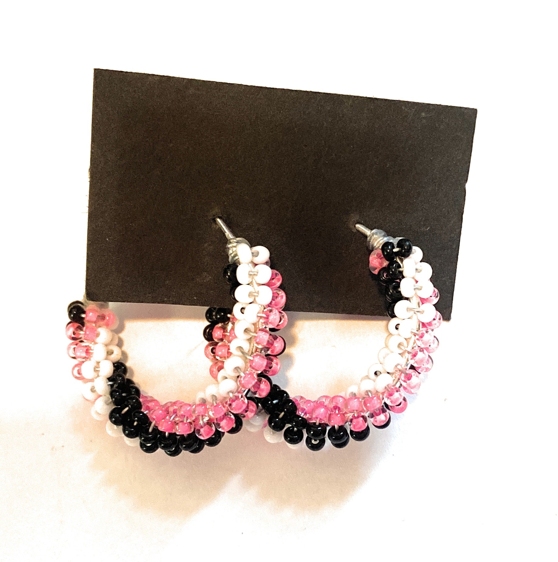 Navajo Handmade Beaded Hoop Earrings- pink