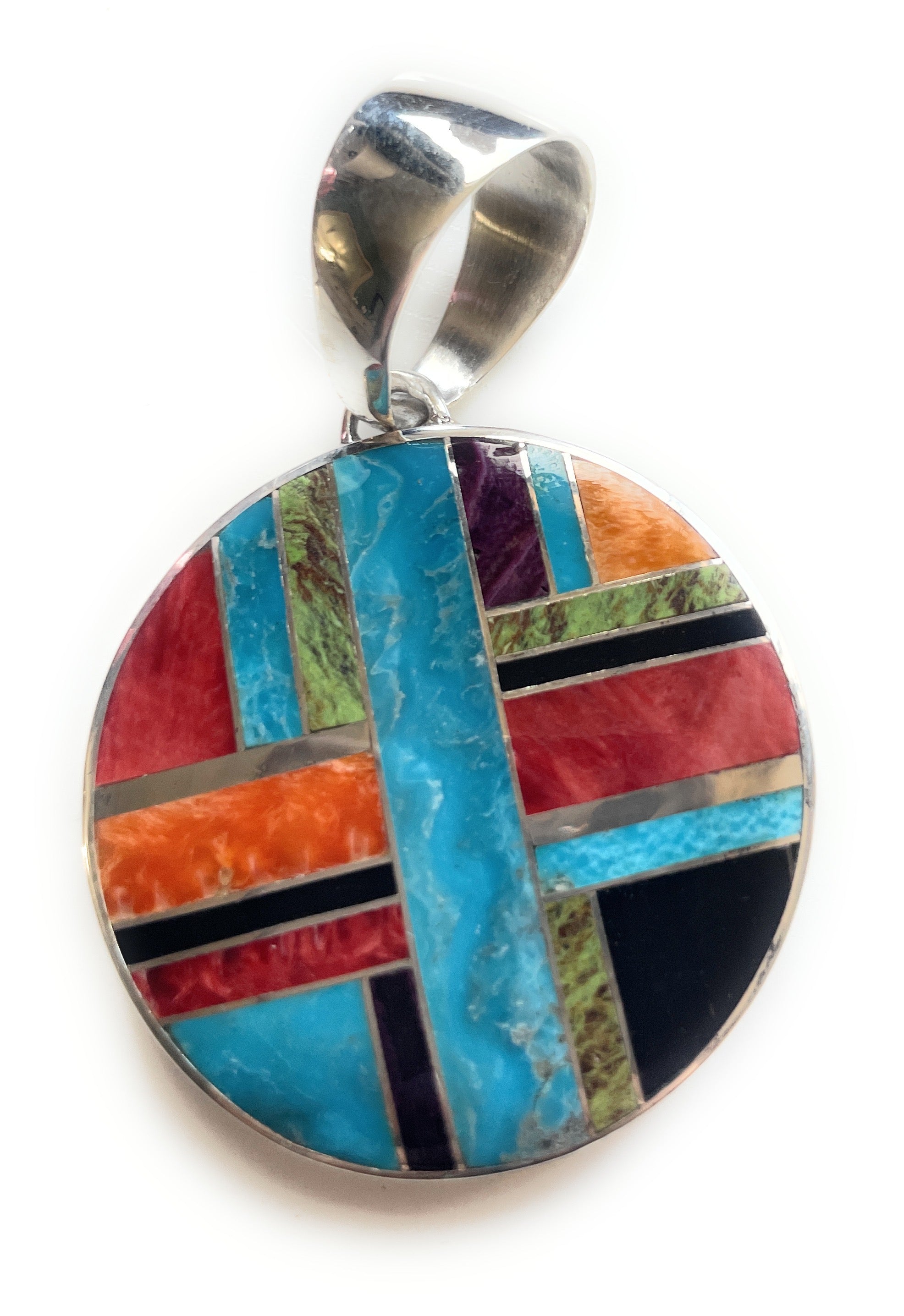 Navajo Multi Stone Inlay & Sterling Silver Circle Pendant