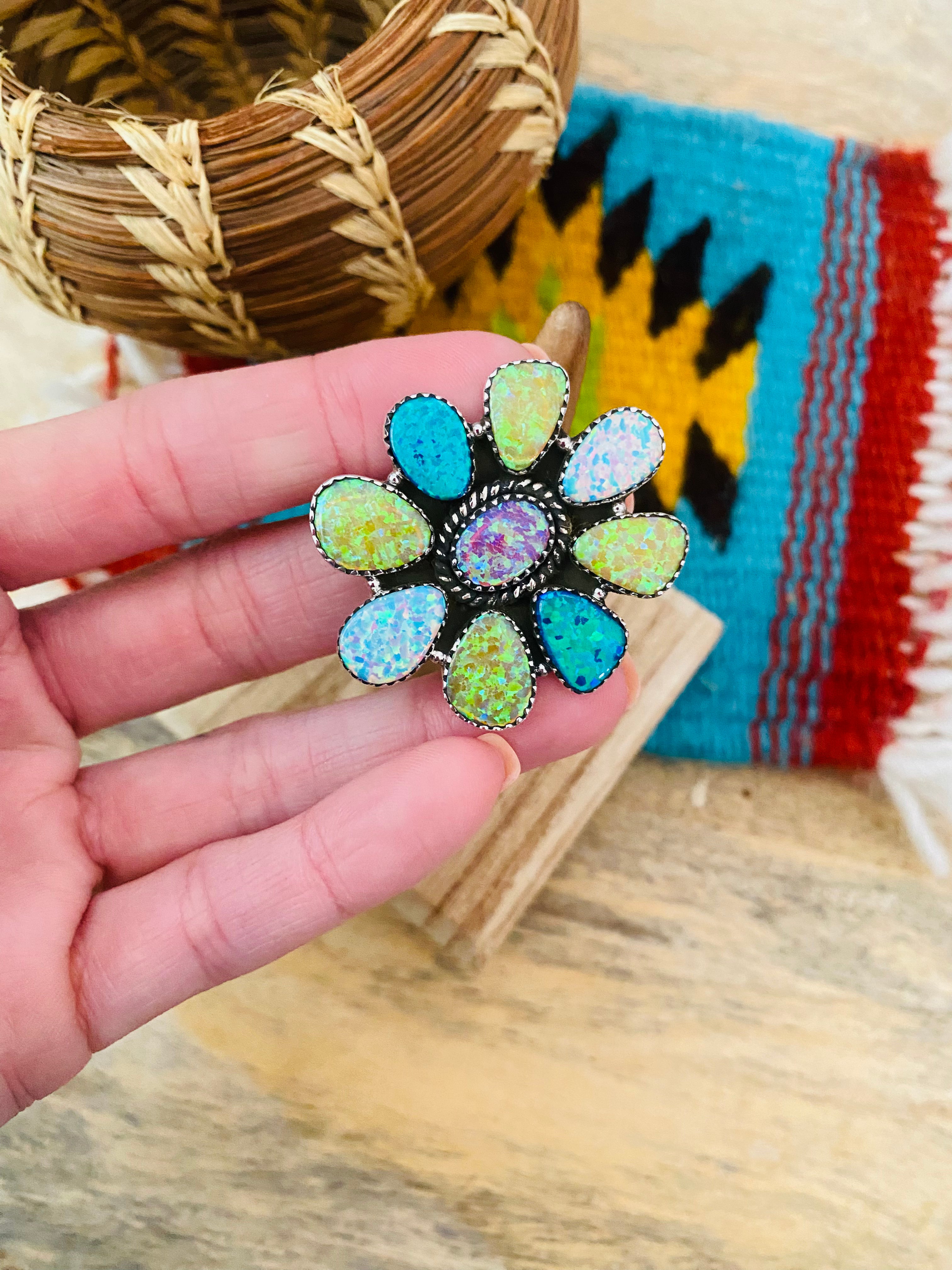 Handmade Sterling Silver & Opal Cluster Adjustable Ring