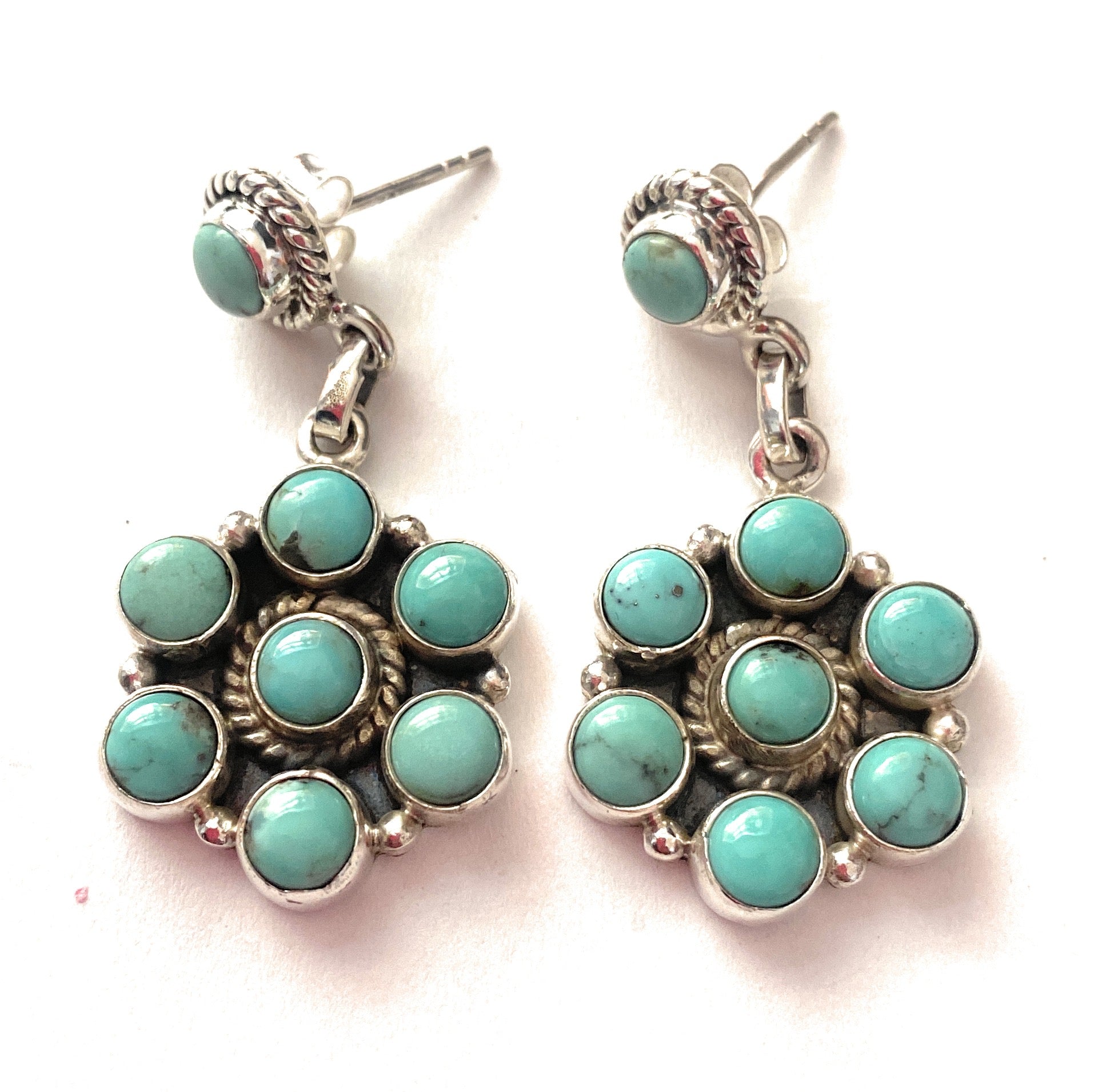 Handmade Turquoise And Sterling Silver Cluster Dangle Earrings